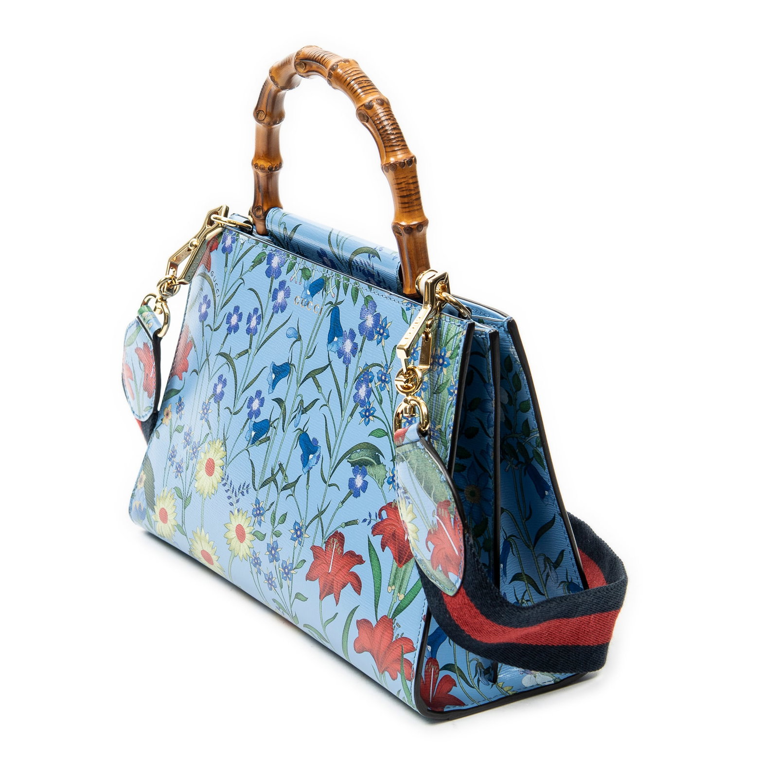 Gucci Medium Nymphaea Top Handle Shoulder Bag: Gucci Medium Nymphaea Top Handle shoulder bag in blue floral printed leather, bamboo handle, gold hardware, marked 459076 520981, includes removable web strap; third-party authenticated 11.5 in. x 7 i