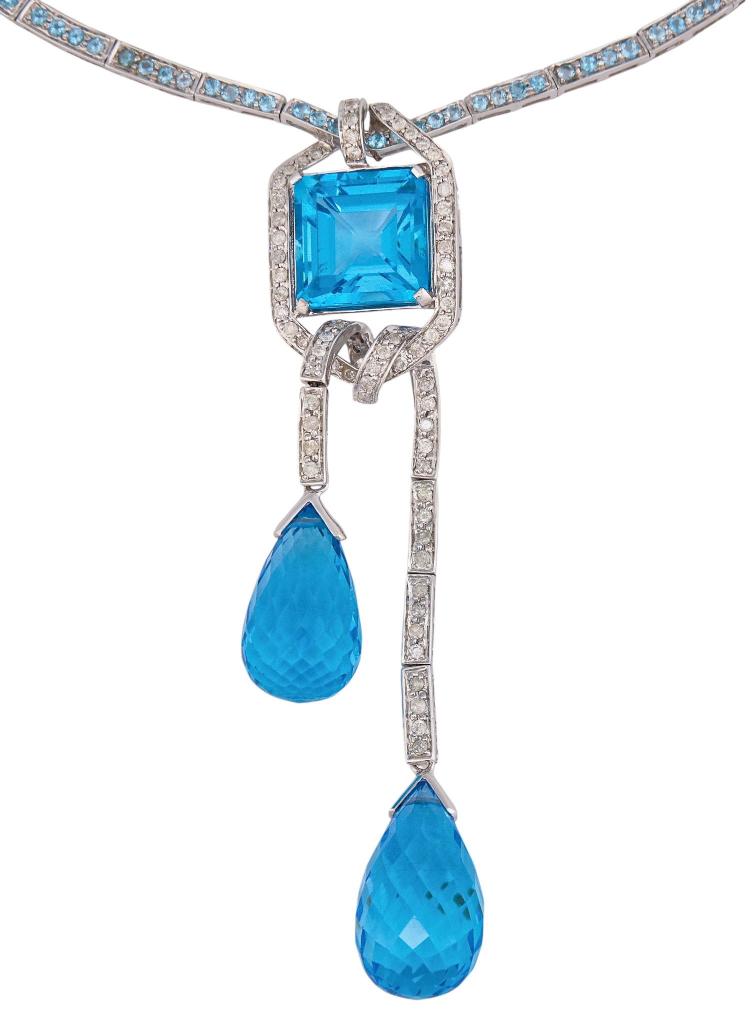 14K Blue Topaz & Diamond Necklace: 14K white gold necklace set with square cut blue topaz, approximately 13.55 x 13.45 mm, above teardrop shaped blue topaz, averaging 19.1 x 11.6 mm, and additional round brilliant cut diamonds to 