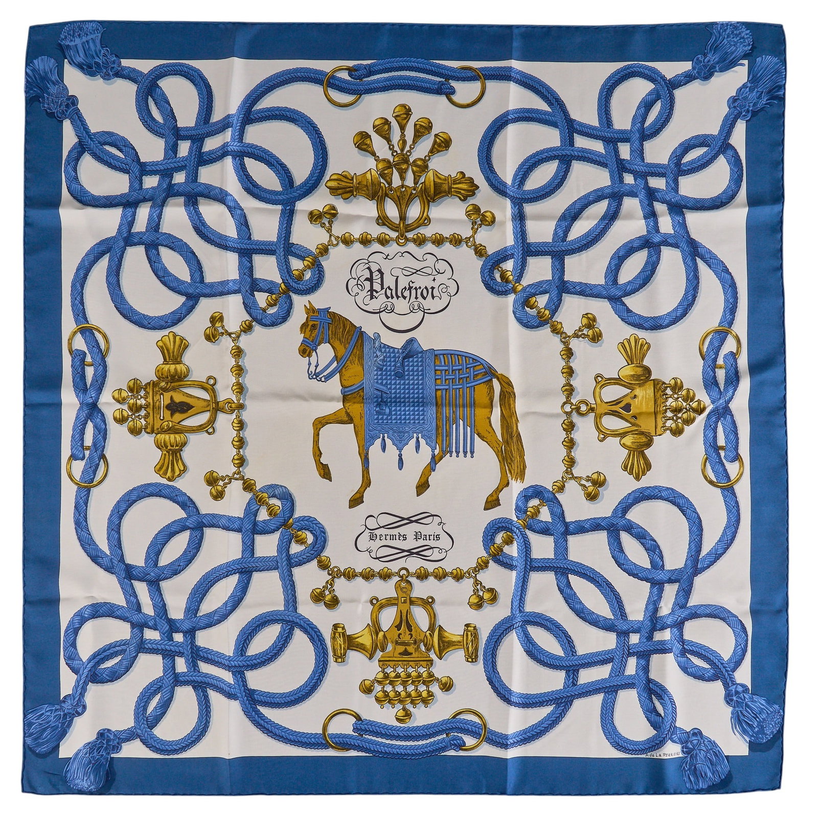 Hermes Palefroi Silk Scarf: Hermes "Palefroi" silk scarf, designed by Francois de la Perriere Square: 33 in. Condition AB; very good condition, regular wear signs Provenance: Property from a home in San Antonio, Texas