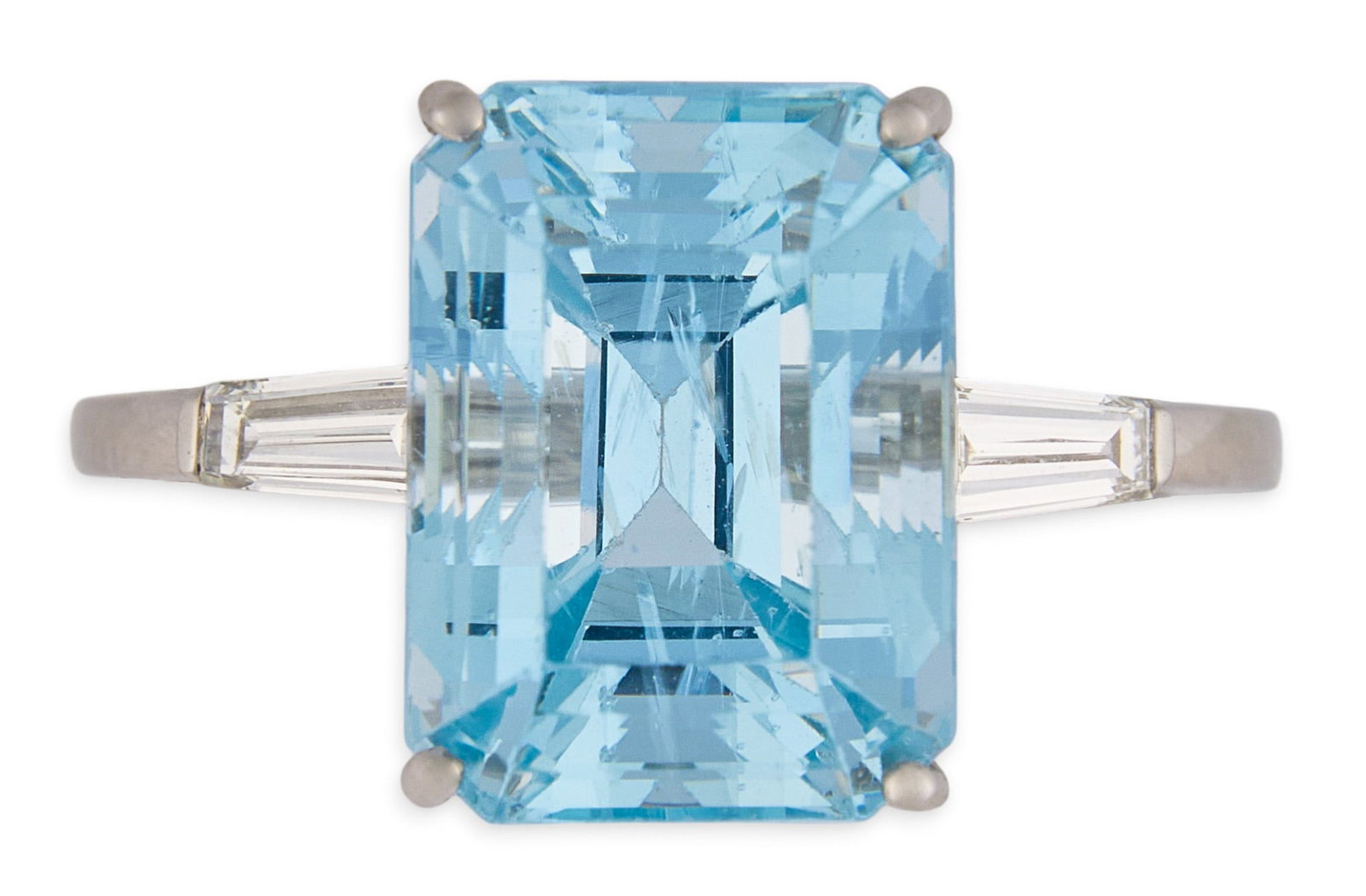 GIA 8.35 CT Aquamarine and Diamond Ring: Platinum ring centered by a GIA-certified 8.35 carat octagonal step-cut aquamarine, flanked by tapered baguette cut diamonds, approximately 0.28 ctw, accompanied by GIA gemological report (no. 65
