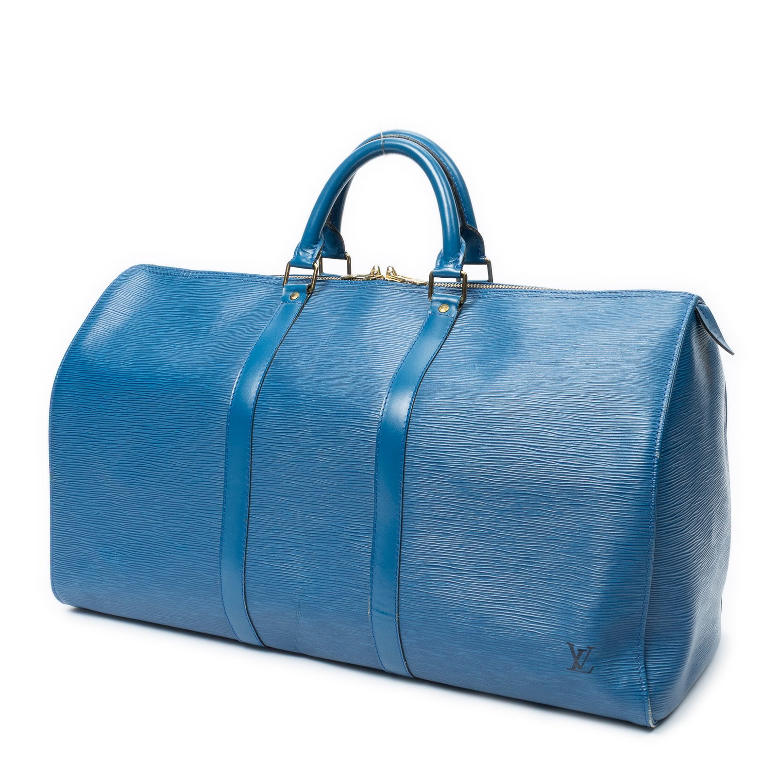 Louis Vuitton Keepall 50 Travel Bag: Louis Vuitton Keepall 50 travel bag in blue Epi leather, golden brass hardware, marked VI0924 (Feb 1994); third-party authenticated 20.5 in. x 11.5 in. x 8.75 in. Condition A; excellent condition, sho