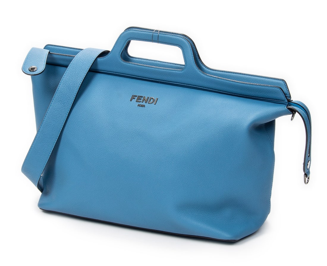 Fendi Large Collapsible Duffle Bag: Fendi Large Collapsible Duffle Bag in blue grained calfskin leather, silver hardware, marked 7VA586-ALA8-12085-238, includes long strap, dustbag; third-party authenticated 15.75 in. x 11.75 in. x 7 in