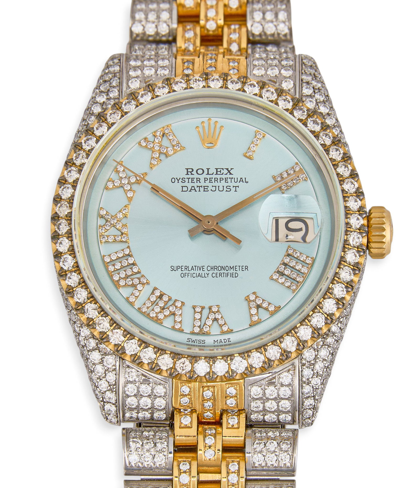 Rolex Datejust 36mm Two-Tone Diamond Set: Rolex Datejust 18K yellow gold and stainless steel watch, circa 1977, model number 68273, serial number 5022566, 36mm case, turquoise dial with diamond set Roman numeral hour markers, diamond set