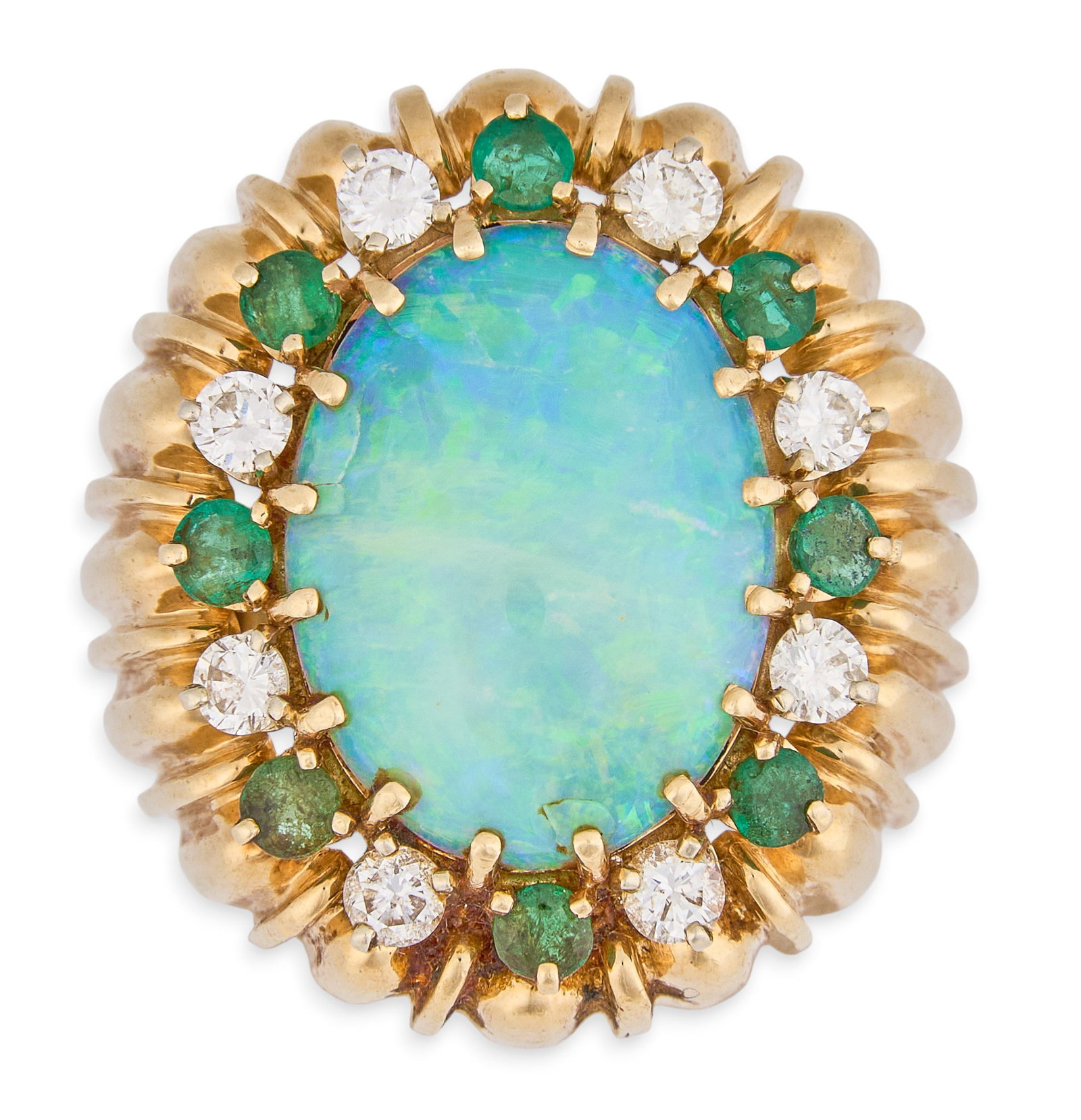 14K Opal, Diamond, and Emerald Cocktail Ring: 14K yellow gold cocktail ring centering an oval opal cabochon measuring approximately 17.6 x 13.7 mm, flanked by round brilliant-cut diamonds totaling approximately 0.80 ctw and round-cut emeralds tot