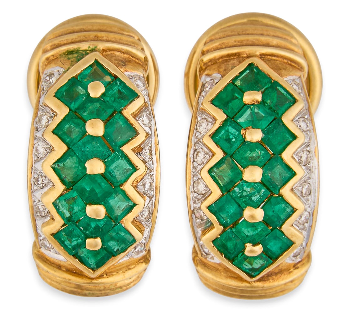 Salavetti 18K Diamond & Emerald Earrings: Salavetti 18K yellow gold huggie style earrings, set with square cut emeralds and round diamond accents, marked "Salavetti 750" Length: 0.75 in. Total weight: 10.7 g Provenance: Propert