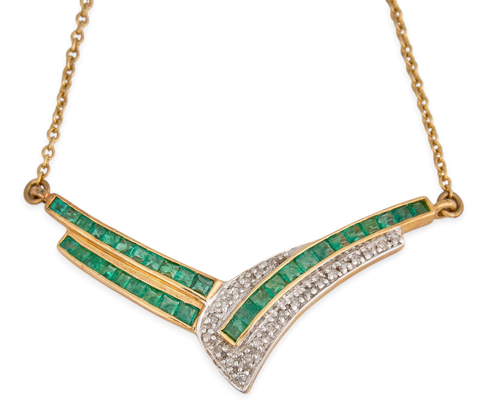 Salavetti 18K Diamond & Emerald Necklace: Salavetti 18K two-tone gold necklace, set with square cut emeralds and round diamond accents, marked "Salavetti 750" Length: 18 in. Total weight: 4.9g Provenance: Property from a home i
