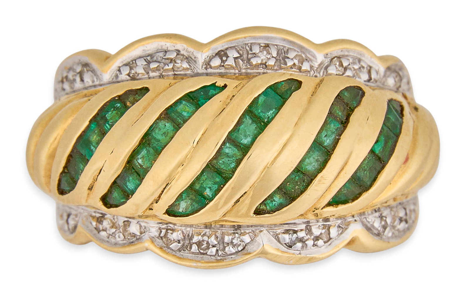 Salavetti 18K Diamond & Emerald Ring: Salavetti 18K yellow gold (tested) ring, set with rows of square cut emeralds, accented by round cut diamonds, marked "Salavetti" Size: 6 Total weight: 7.9 g Provenance: Property from a