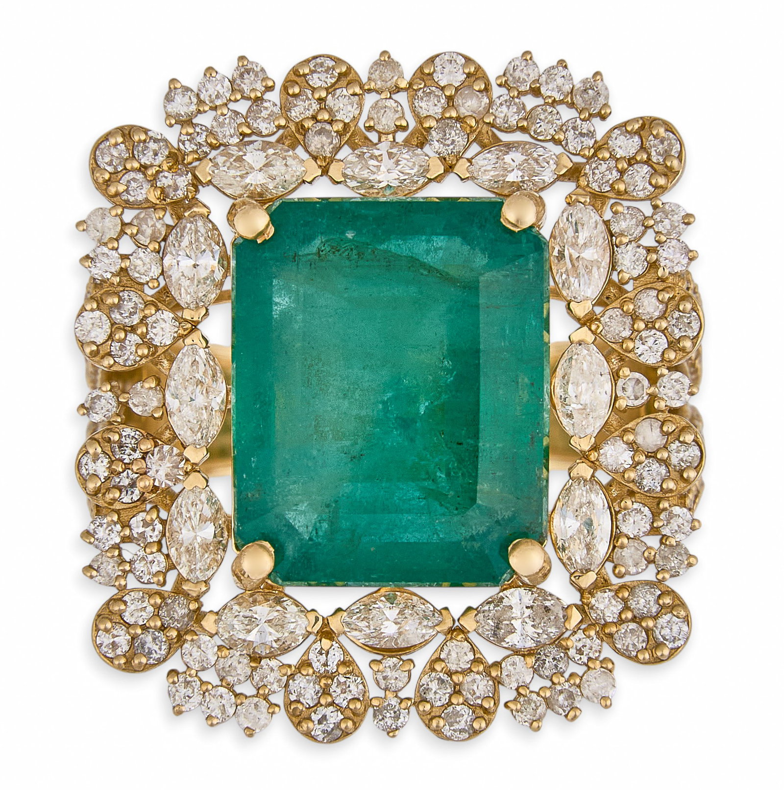 GIA 8.32 ct Emerald and Diamond Ring: 14K yellow gold ring centering an emerald-cut emerald, approximately 8.32 ct, accompanied by a GIA Emerald Origin Report identifying the stone as Zambian in origin with minor clarity enhancement 