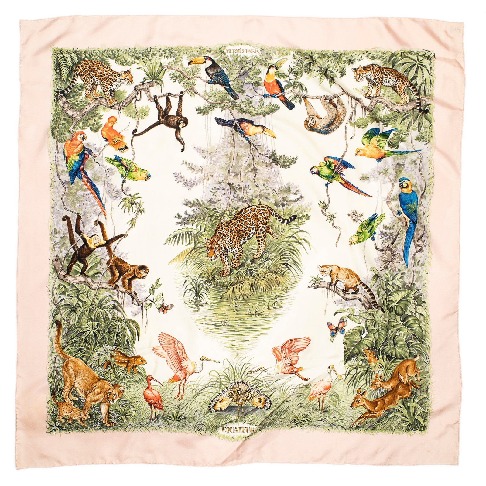 Hermès Equateur Silk Scarf: Hermès "Equateur" silk scarf, designed by Robert Dallet Square: 35.5 in. Condition AB; very good condition, shows regular signs of wear, missing care tag