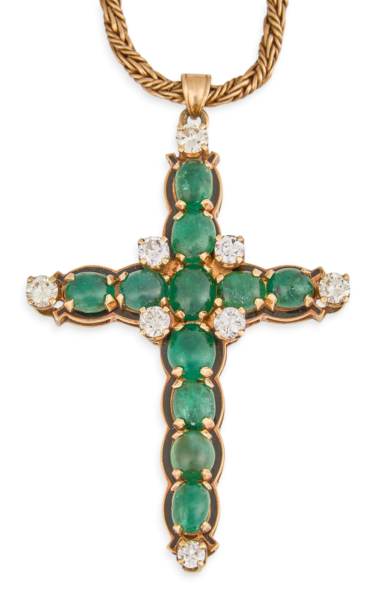 14K Emerald & Diamond Cross Pendant Necklace: 14K yellow gold cross pendant necklace, pendant set with eleven emerald cabochons, approximately 3.63 ctw, and eight brilliant cut diamonds, approximately 1.0 ctw, on 14K woven rope chain, marked