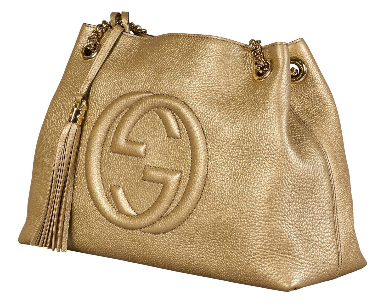 Gucci Soho Chain Shoulder Bag: Gucci Soho Chain shoulder bag in metallic grained leather, with gold-tone hardware, and tassel, marked 308982 002404, includes dustbag 16 in. x 10.5 in. x 6 in. Condition A - excellent con