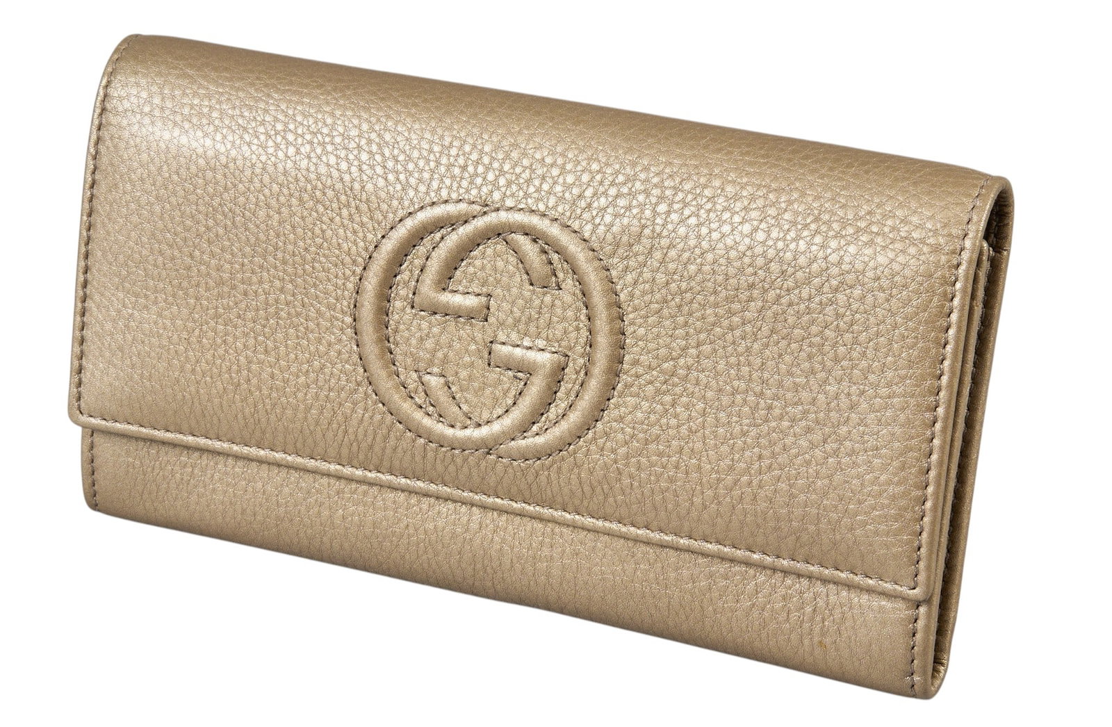 Gucci Golden Beige Wallet: Gucci Soho Continental wallet in metallic grained leather, marked 282414-534563, includes box 7.5 in. x 4 in. x 1.5 in. Condition A - excellent condition, shows little signs of wear Provena