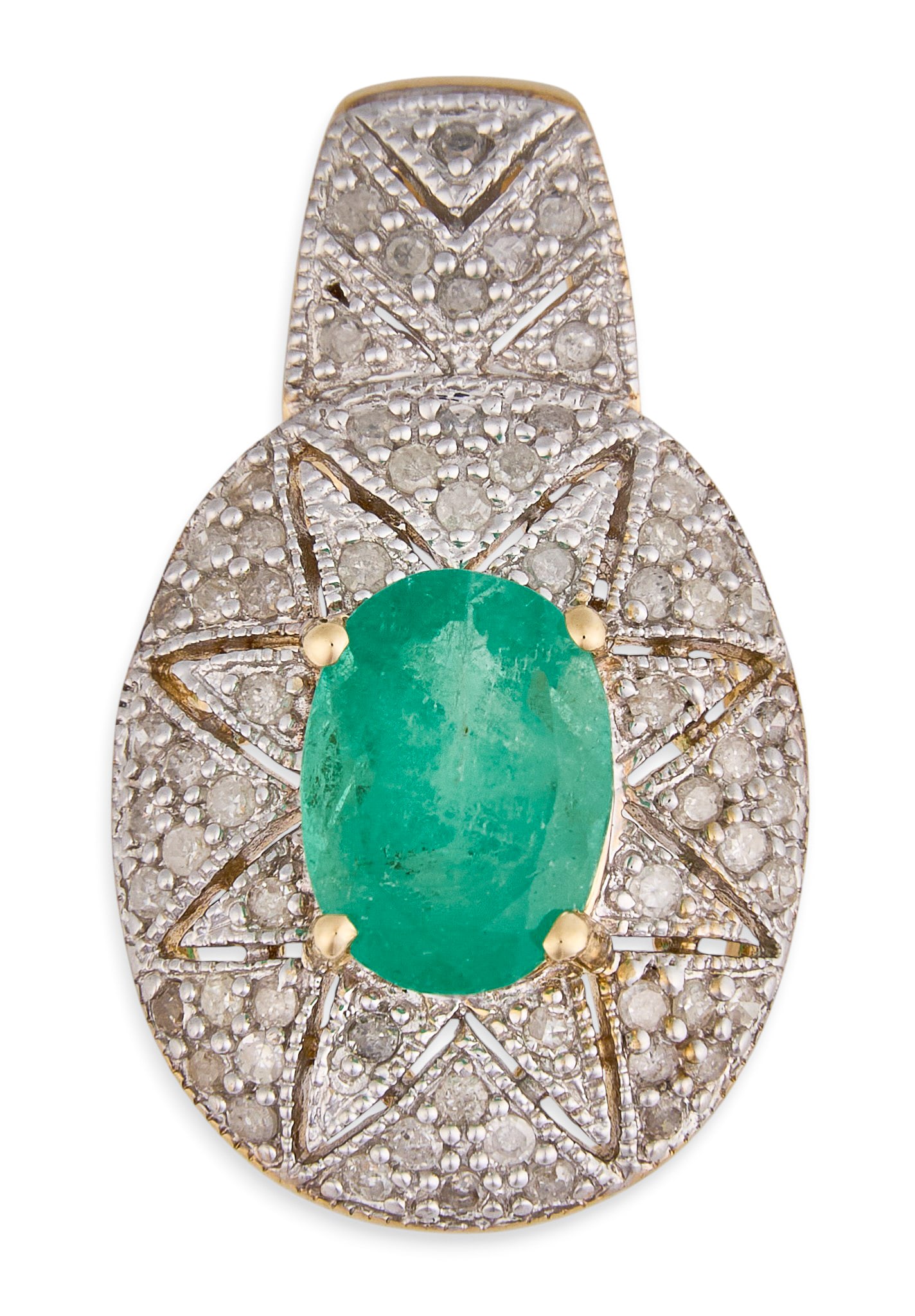 GIA 1.7 CT Emerald & Diamond Pendant: 14K two-tone gold pendant centering an oval faceted emerald measuring 9.26 × 6.74 × 5.00 mm, approximately 1.7 ct, accented by single cut diamonds, approximately 0.47 ctw, graded H–I
