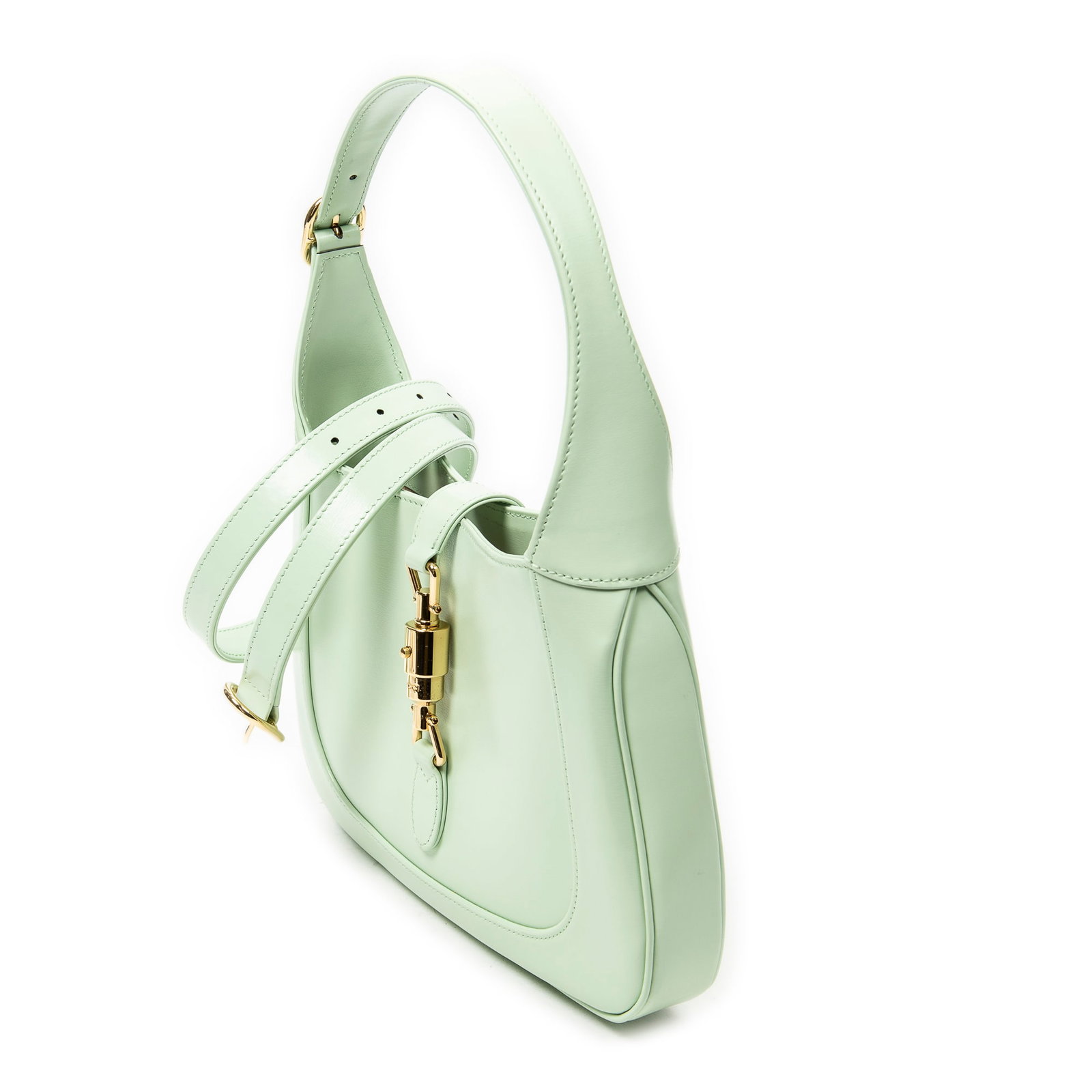 Gucci Small Jackie 1961 Shoulder Bag: Gucci Small Jackie 1961 shoulder bag in light green smooth calfskin leather, gold hardware, marked 636709-520981, includes long strap, booklet; third-party authenticated 10.75 in. x 7.5 in. x 1.5 in. 