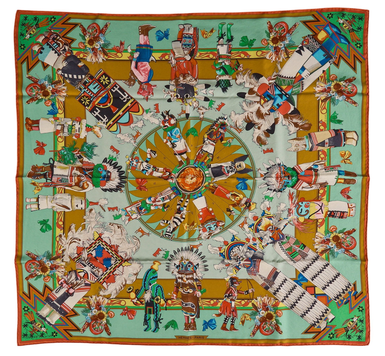 Kermit Oliver / Hermes, "Kachinas" Scarf: Kermit Oliver (Texas, b. 1943) designing for Hermès Paris, "Kachinas", silk square scarf with turquoise colorway Square 35 in. Condition AA; perfect condition, has barely 