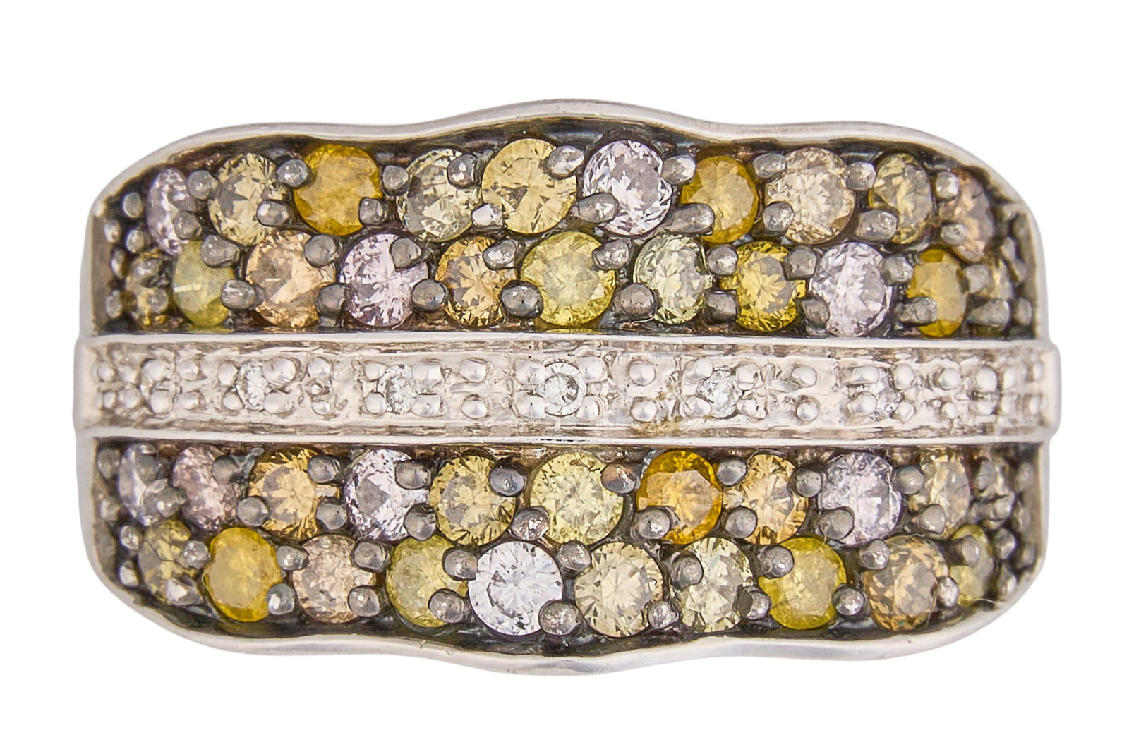 14K Canary Diamond Ring: 14K white gold ring set with central row of round brilliant cut diamonds, flanked by pave set round brilliant cut canary diamonds, approximately 0.84 ctw, marked "14K 585" Size: 6.5 Total we