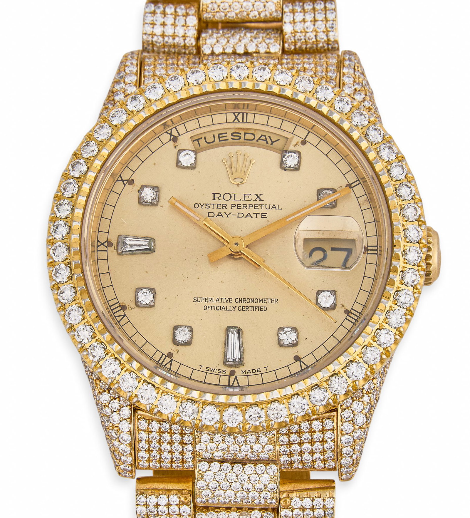 Rolex Day-Date 38 MM 18K Gold Diamond Set: Rolex Day-Date Oyster Perpetual 18K yellow gold watch, circa 1999, serial number W679204, 38mm case, champagne dial with diamond hour markers, diamond set bezel, case and President bracelet, incl
