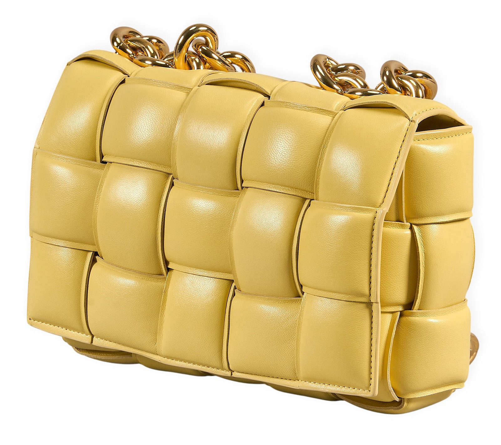 Bottega Veneta Padded Chain Cassette Shoulder Bag: Bottega Veneta Padded Chain Cassette shoulder bag in creamy yellow padded intrecciato leather with large golden maillon chain, marked B09181369Y 11 in. x 7.5 in. x 4 in. Condition AA; perfect co