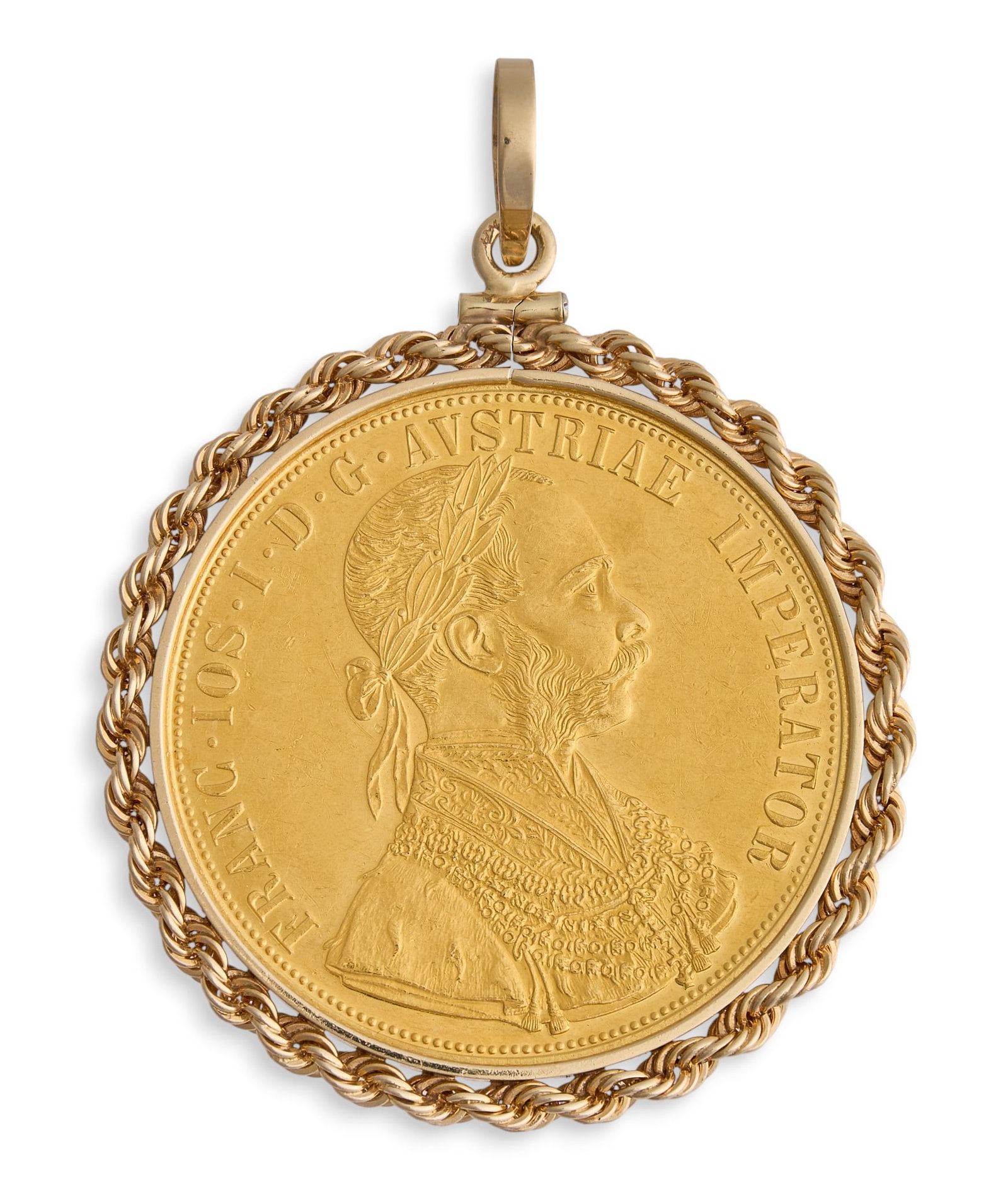 Austrian 4 Ducat Gold Coin Pendant: Austrian 4 Ducat Eagle gold coin pendant, set in a 14K gold rope frame bezel Total weight: 21.69 g Provenance: Property from the Terrell Hills, Texas estate of distinguished civic leader and phil