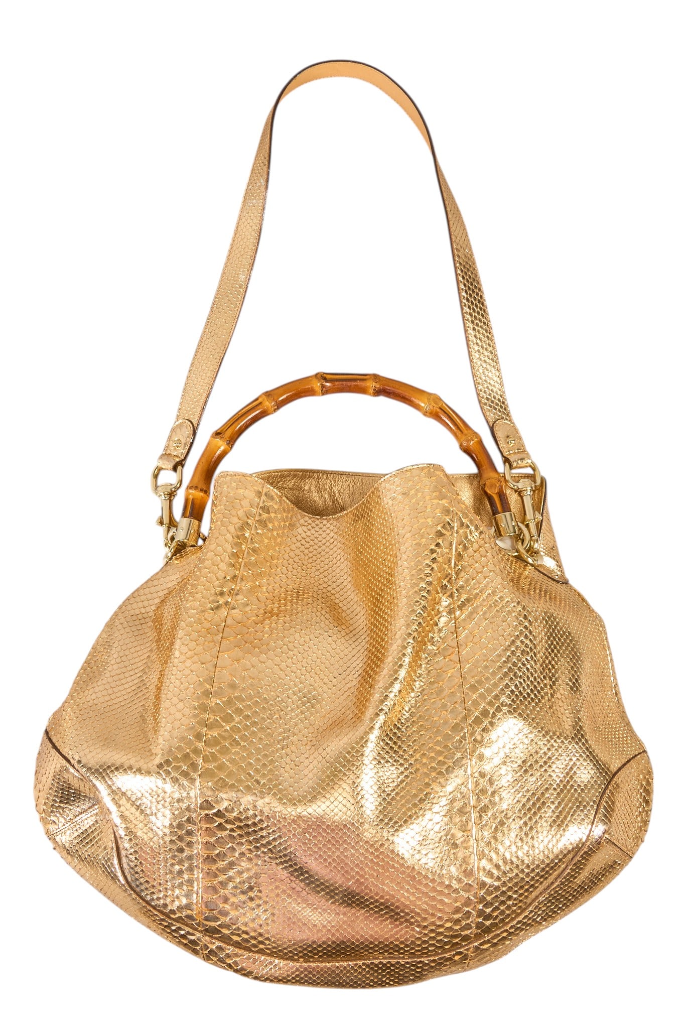 Gucci Copper Python Purse: Gucci Python Peggy shoulder bag in metallic copper python print leather, with bamboo handle and golden hardware, marked 169976 1781, includes removable cross body strap, and dustbag 14 in. x 18 in. x 