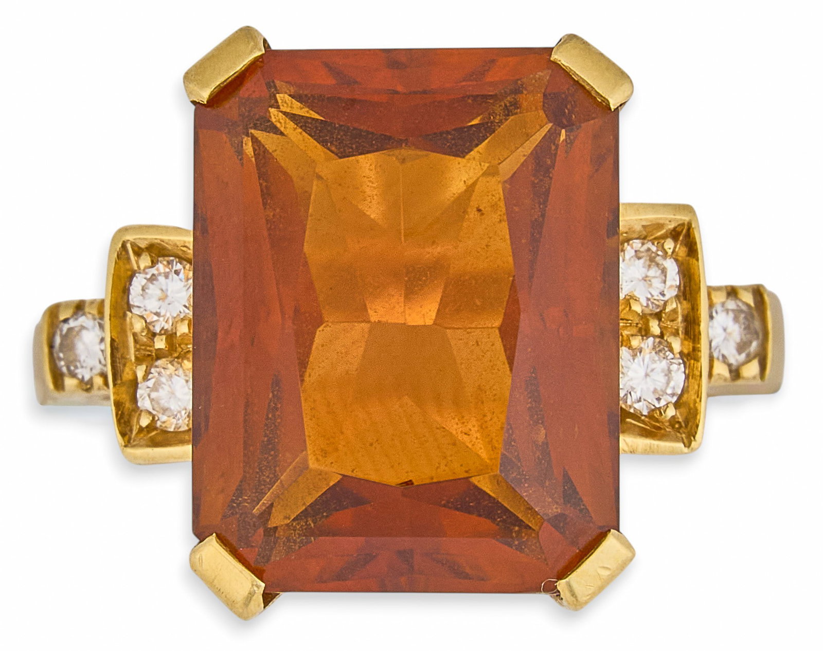 18K Diamond & Topaz Ring: 18K yellow gold ring set with emerald cut Imperial topaz, approximately 14 mm x 11 mm, flanked by six round brilliant cut diamonds, approximately 0.3 ctw, marked "750" Size: 7 Total weight: