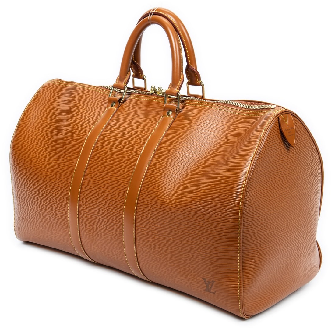 Louis Vuitton Keepall 45 Travel Bag: Louis Vuitton Keepall 45 travel bag in gold Epi leather, golden brass hardware, marked VI1914 (November 1994); third-party authenticated 19 in. x 11 in. x 7.75 in. Condition AA; perfect condition, has
