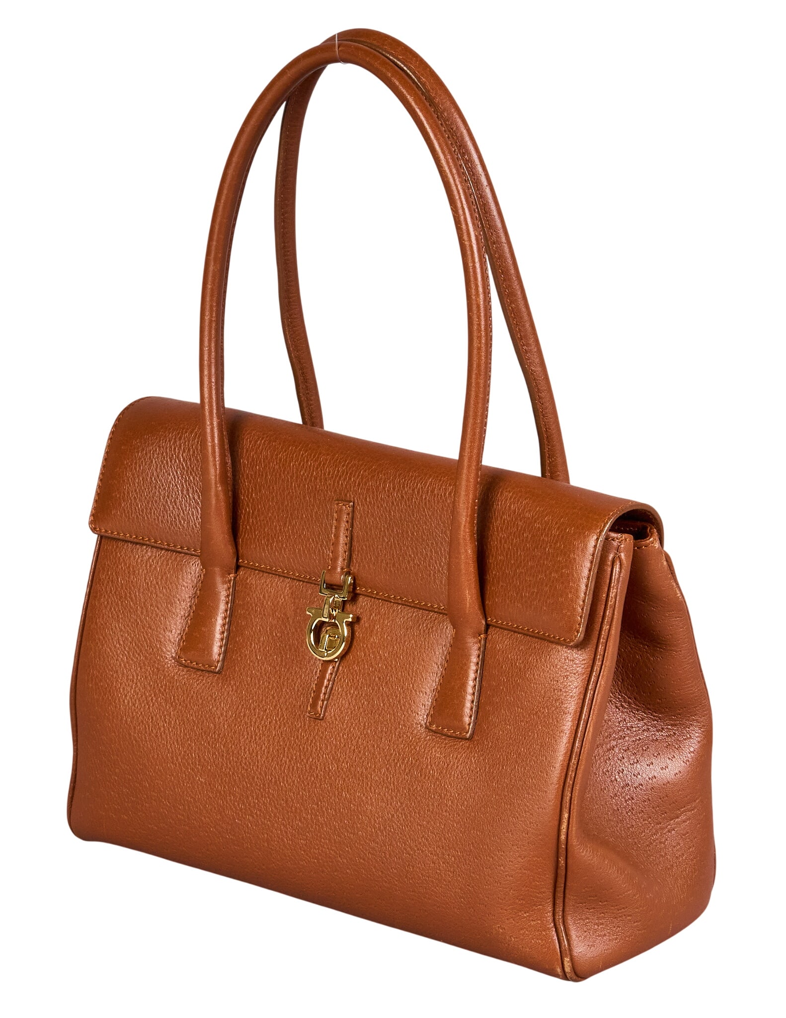 Ferragamo Gacini Shoulder Bag: Salvatore Ferragamo Gacini shoulder bag in brown leather with golden hardware and brown leather handles, marked AB-21 3387, includes dust bag 11 in. x 8.5 in. x 5 in. Condition A - excellent con