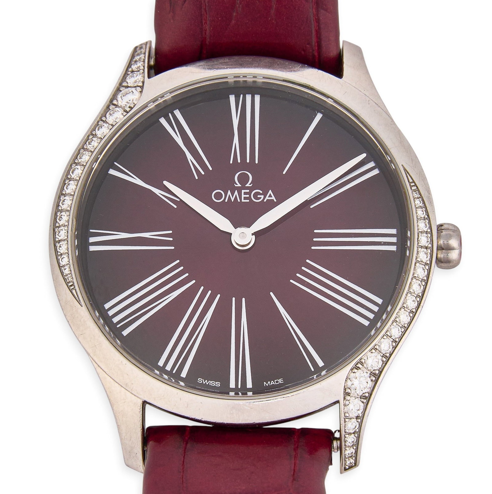 Omega Stainless Steel & Diamond Burgundy de Ville Tresor Watch: Omega watch, burgundy dial, circa 2017, features 0.493 carats of diamonds on bezel, 36mm case, burgundy crocodile wristband, includes original box with dustbag, box packaging, operating instructions