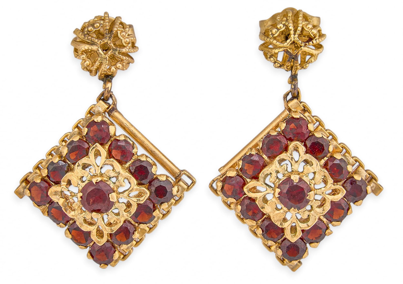18K Garnet & Diamond Earrings: Pair of 18K yellow gold dangle earrings, set with round brilliant cut garnet, marked "14K" to posts Size: 1 in. / length Total weight: 5.67 g