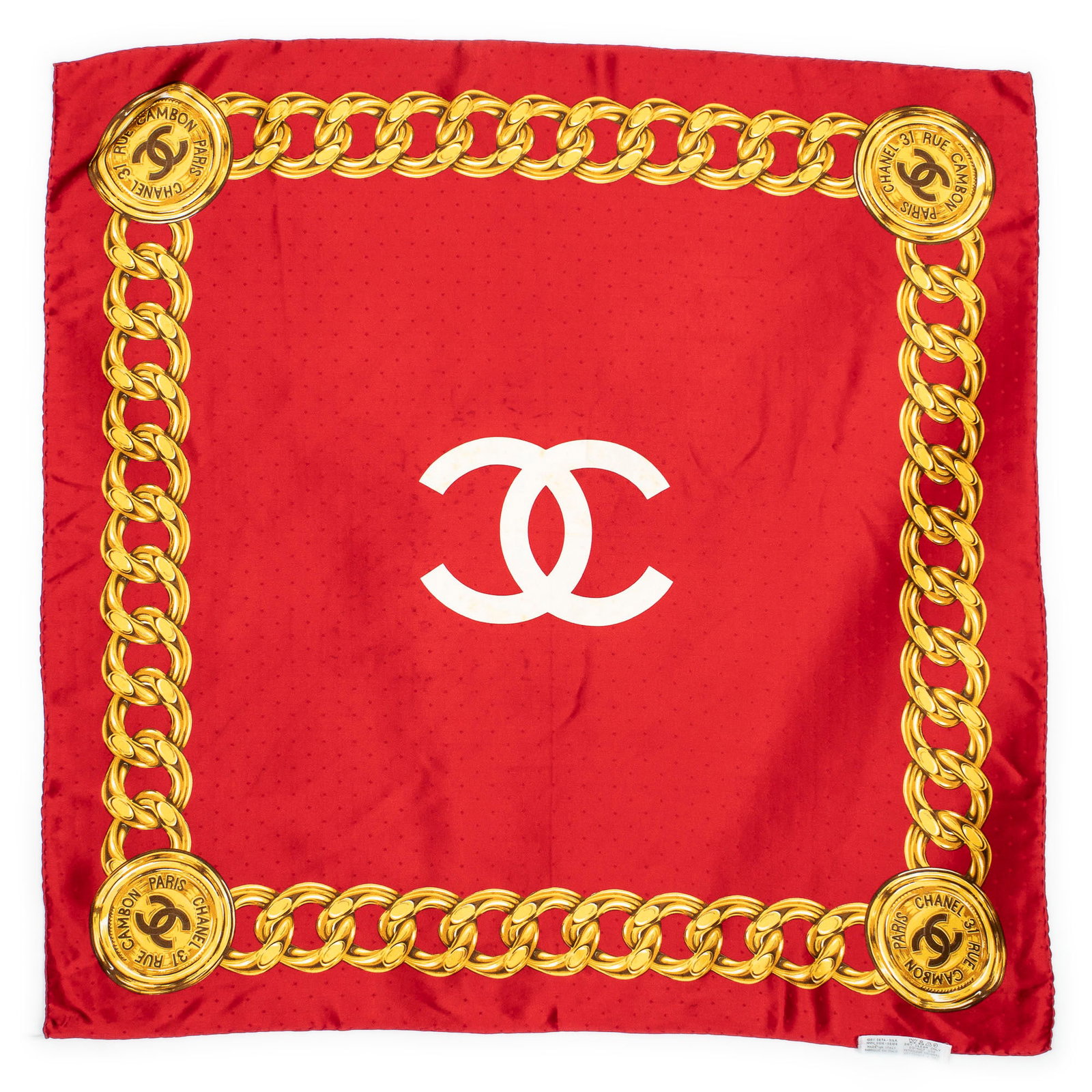 Chanel CC Medallion Chain Motif Silk Scarf: Chanel "CC Medallion Chain Motif" silk scarf Square: 34.75 in. Condition AB; very good condition, shows regular signs of wear. Unstitched care tag