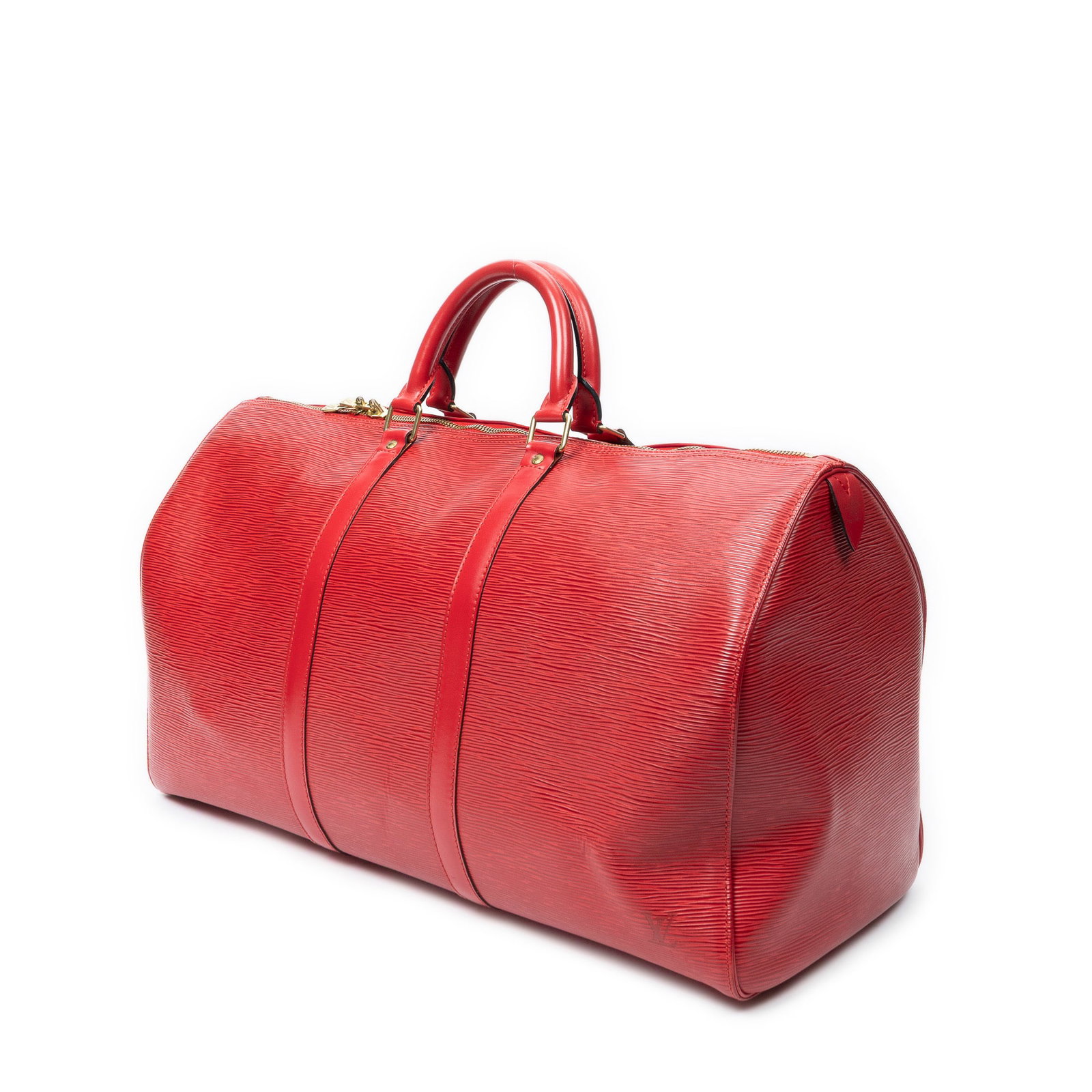Louis Vuitton Keepall 50 Travel Bag: Louis Vuitton Keepall 50 travel bag in red Epi leather, golden brass hardware, marked SP0938 (Mar 1998); third-party authenticated 20.5 in. x 11.5 in. x 8.75 in. Condition A; excellent condition,