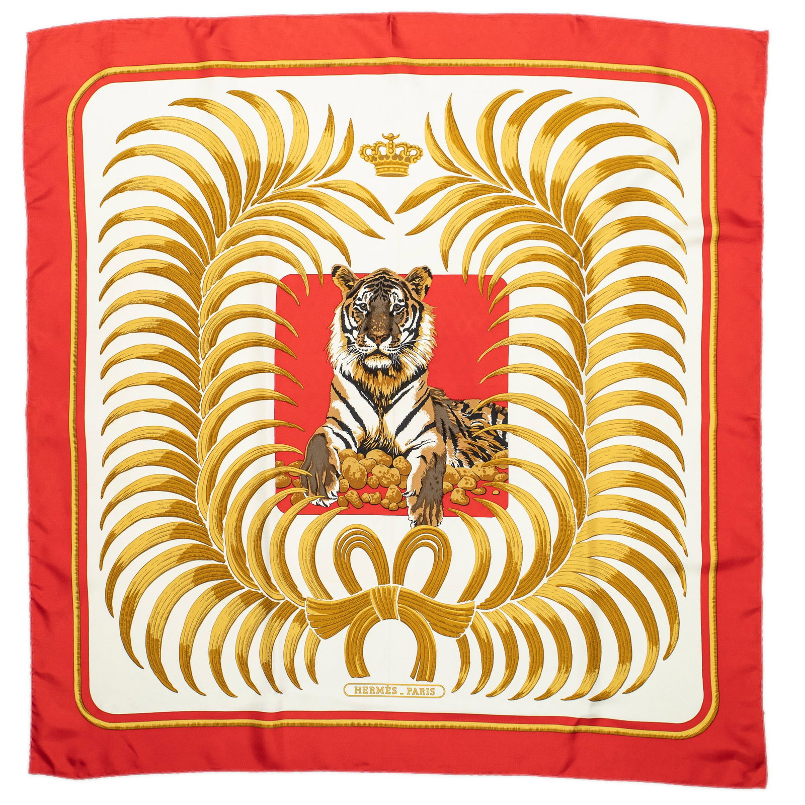 Hermès Le Tigre Royal Silk Scarf: Hermès "Le Tigre Royal" silk scarf, designed by Christiane Vauzelles Square: 35.5 in. Condition A; excellent condition, shows little signs of wear