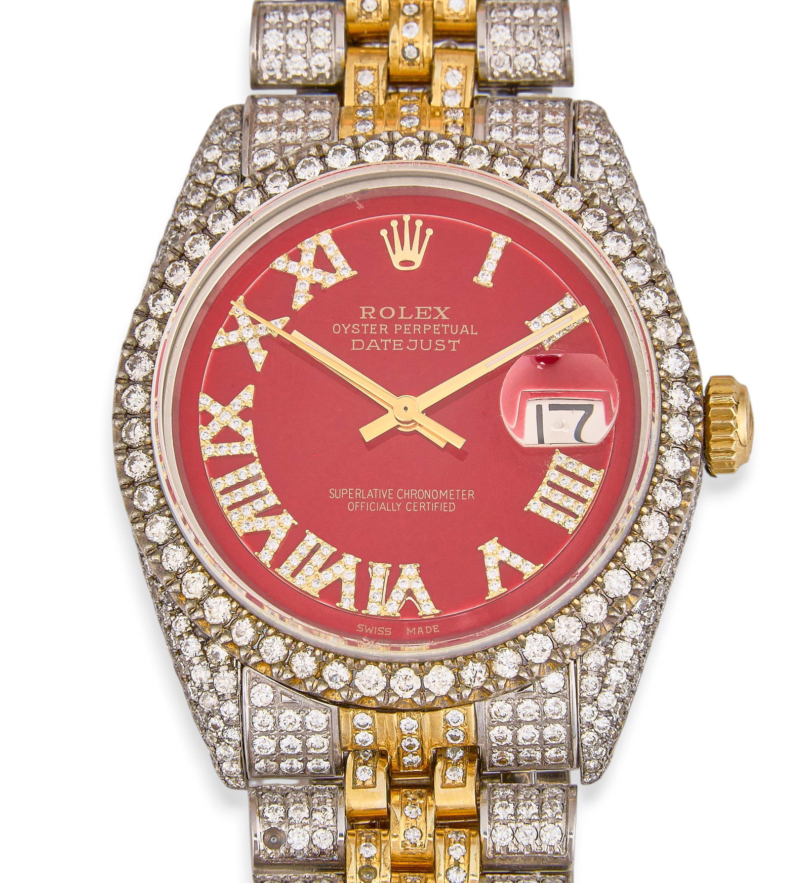 Rolex Datejust 36mm Two-Tone Diamond Set: Rolex Datejust Oyster Perpetual 18K yellow gold and stainless steel, circa 1978, serial number 5262969, 36mm case, red dial with diamond Roman numeral hour markers, diamond set bezel, case, and Jubile