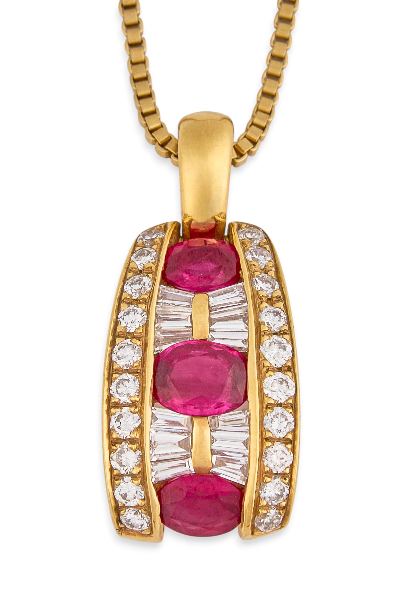 18K Ruby & Diamond Pendant Necklace: 18K yellow gold pendant necklace, set with oval cut rubies, accented by baguette and round brilliant cut diamonds, marked "750" to clasp, "18K" to pendant Length: 20 in.