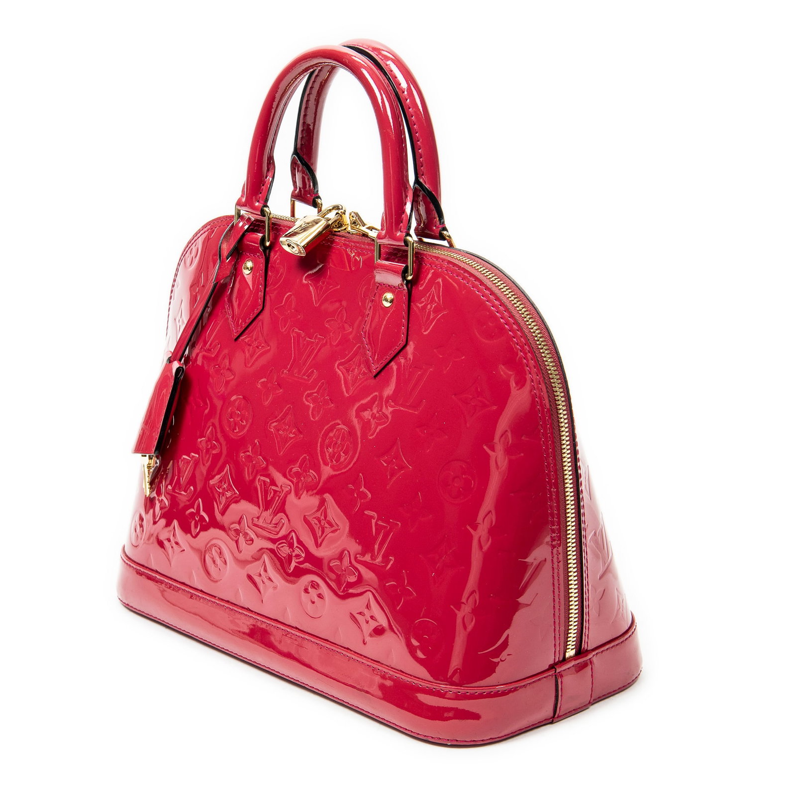 Louis Vuitton Alma PM Handbag: Louis Vuitton Alma PM handbag in indian rose monogram vernis, golden brass hardware, marked FL4142 (44th Week of 2012), includes cadenas, key(s); third-party authenticated 11.75 in. x 9 in. x 6 in.