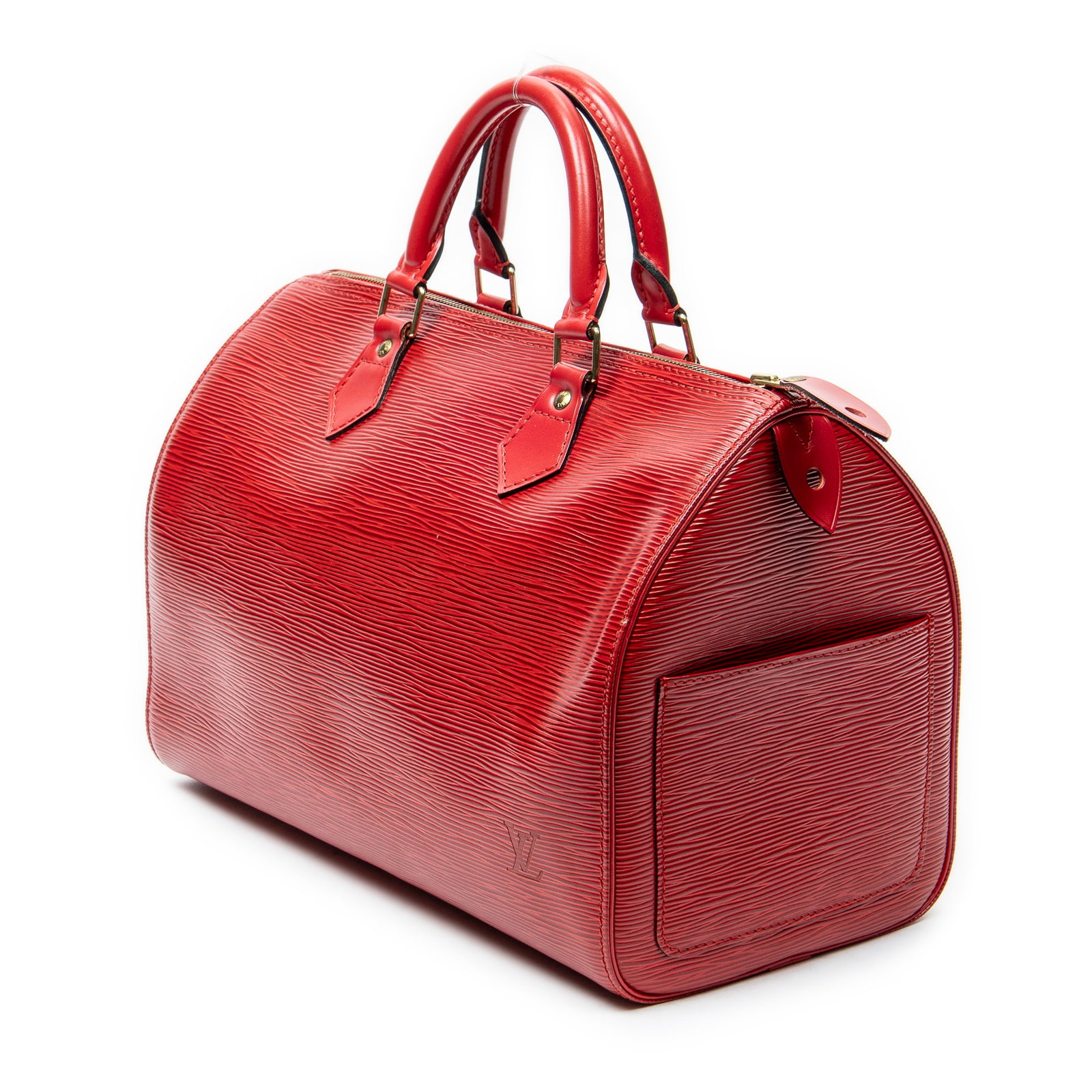 Louis Vuitton Speedy 30 Handbag: Louis Vuitton Speedy 30 handbag in red Epi leather, golden brass hardware, marked VI0955 (May 1995); third-party authenticated 12.5 in. x 8.75 in. x 7 in. Condition A; excellent condition, shows
