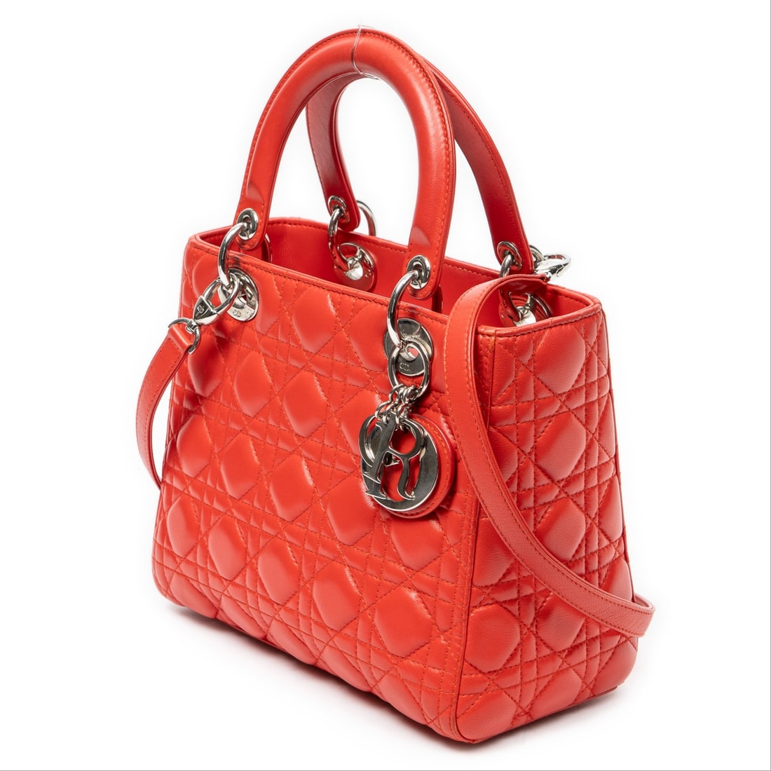 Dior Medium Lady Dior Zip Shoulder Bag: Dior Medium Lady Dior Zip shoulder bag in red cannage lambskin leather, silver hardware, marked 01-BO-0174, includes long strap, charms; third-party authenticated 9.5 in. x 7.75 in. x 4.25 in.