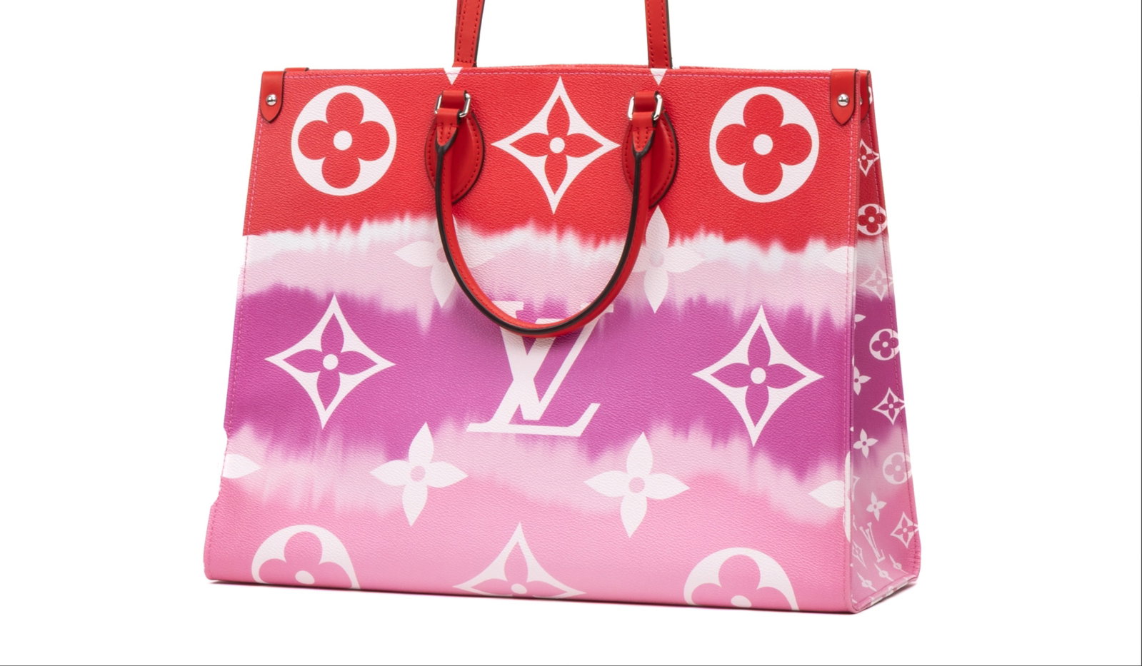 Louis Vuitton Ltd. Ed. Escale Onthego GM Handbag: Louis Vuitton Ltd. Ed. Escale OnTheGo GM handbag in red/pink monogram escale canvas, red leather handles, silver brass hardware, marked SD0290 (September 2020), includes dustbag; third-party