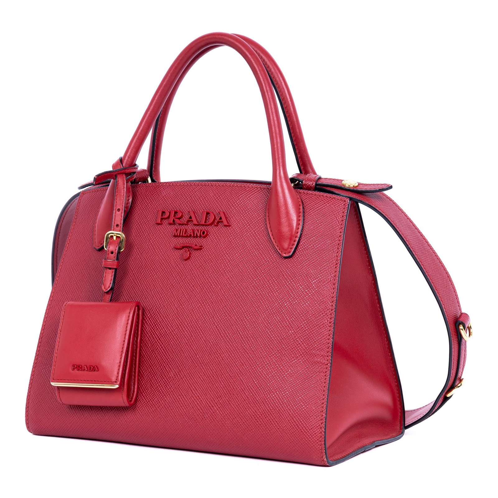 Prada Monochrome Top Handle Tote Handbag: Prada Monochrome Top Handle Tote handbag in red Saffiano lux leather, with gold-toned hardware, marked 117, includes strap, pouch on clochette; third-party authenticated 10.25 in. x 7.75 in. x 5 in.