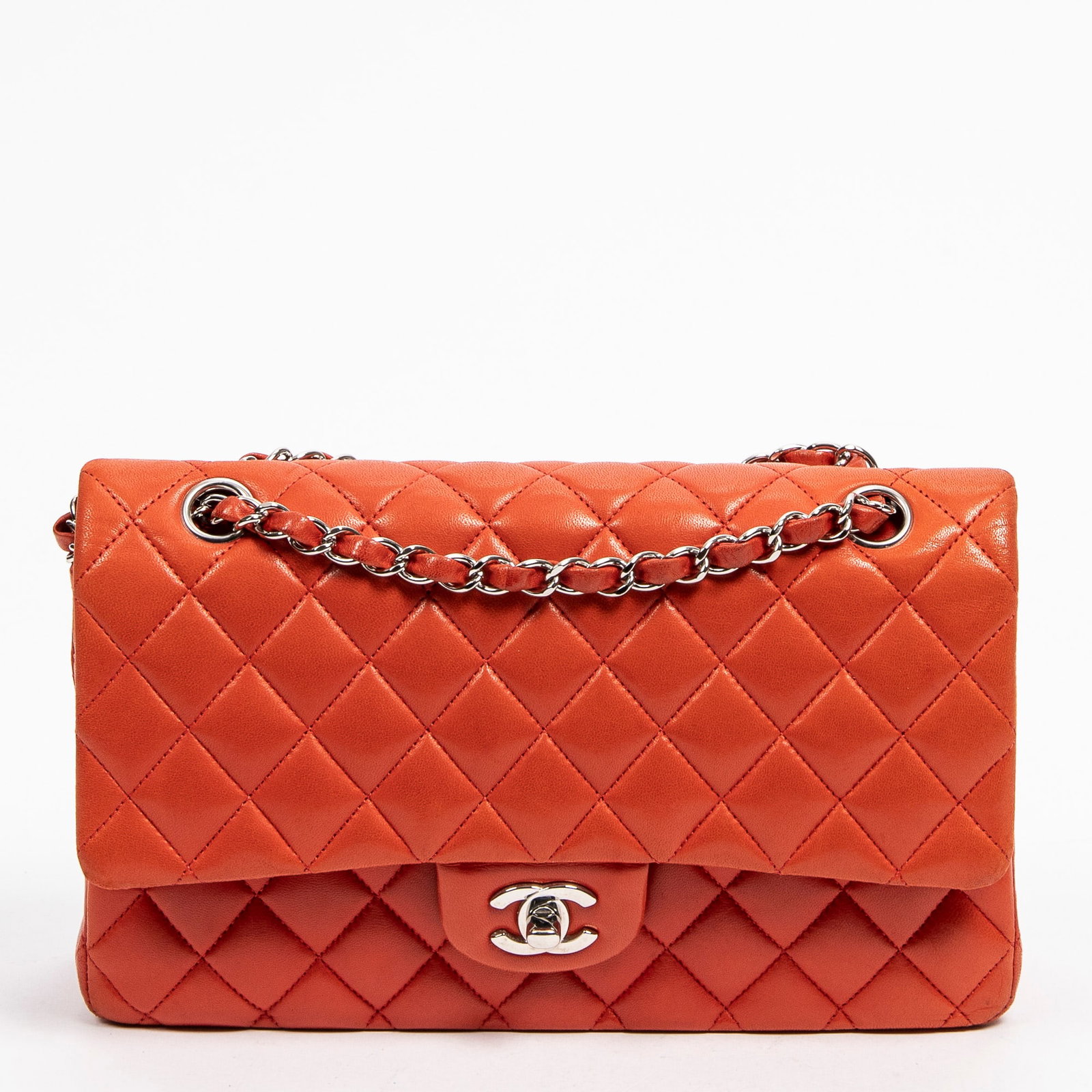 Chanel Classic Double Flap 26 Shoulder Bag: Chanel Classic Double Flap 26 shoulder bag in orange quilted iridescent calfskin leather, silver hardware, marked 15808751 (2011), includes sticker, dustbag; third-party authenticated 10.25 in. x 5