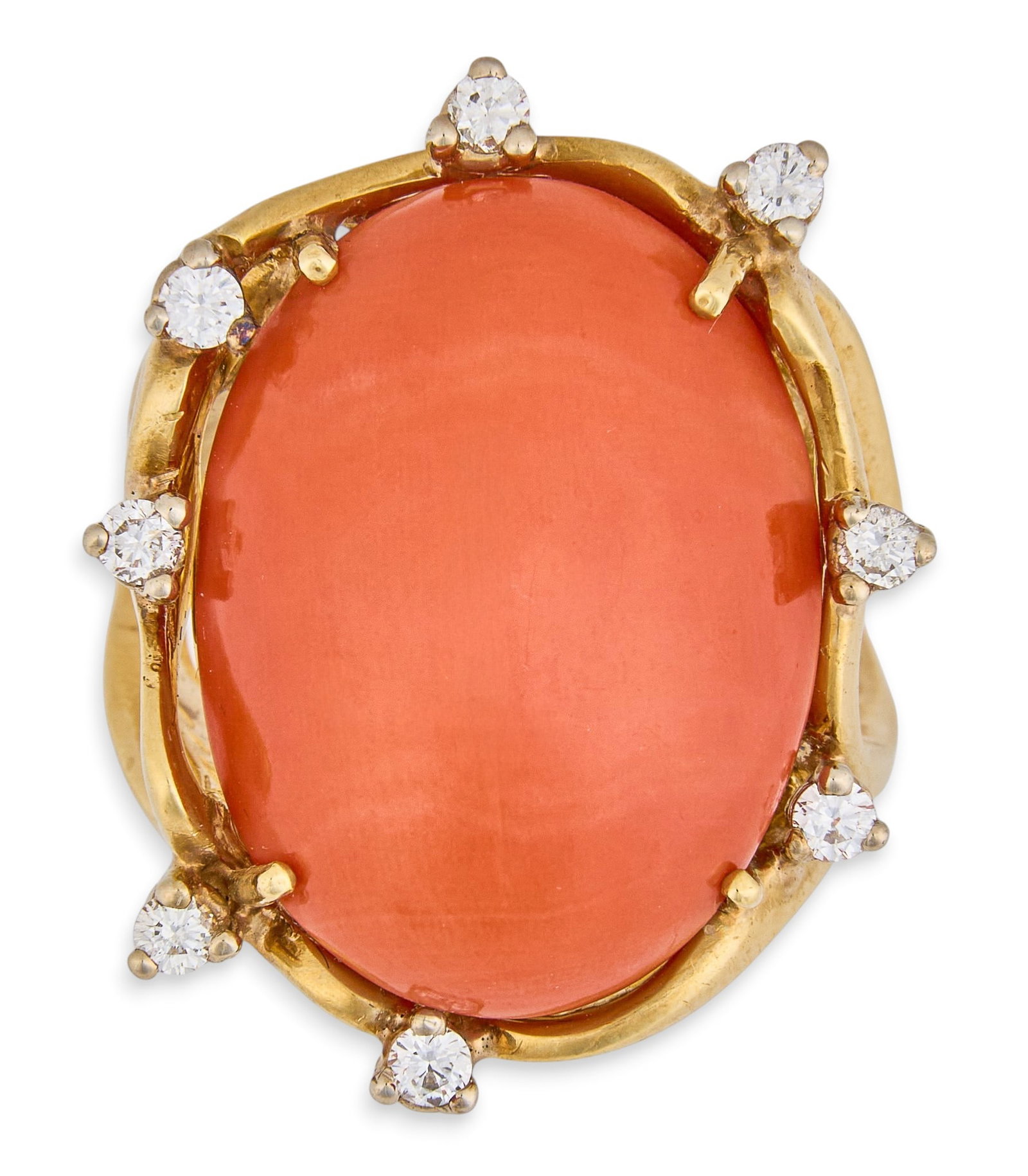 18K Coral & Diamond Cocktail Ring: 18K yellow gold (tested) cocktail ring set with coral cabochon center stone measuring approximately 23.5 mm x 18.1 mm, accented by eight round brilliant cut diamonds totaling 0.4 ctw Size: