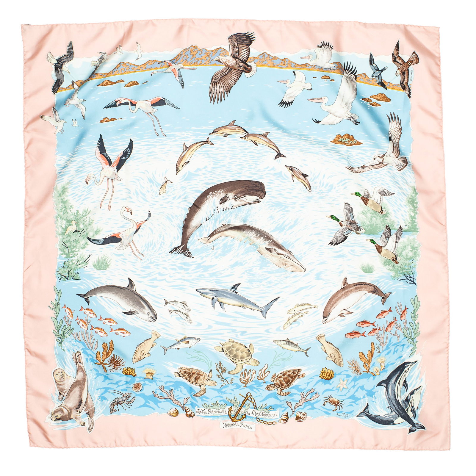 Hermès La Vie Précieuse de la Mediterranée Silk Scarf: Hermès "La Vie Précieuse de la Mediterranée" silk scarf, designed by Robert Dallet Square: 35.5 in. Condition AA; perfect condition, has barely been used