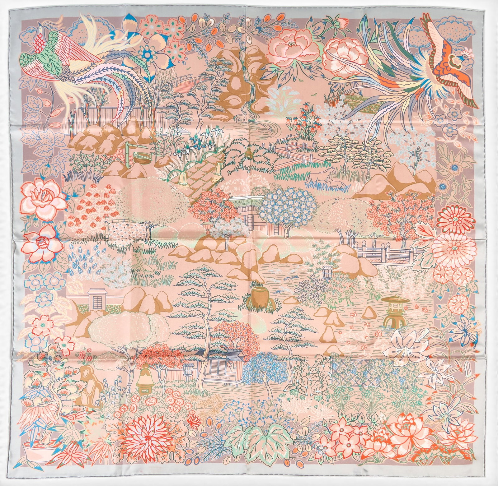 Hermès Mille Feuilles de Soie Double Face Silk Scarf: Hermès "Mille Feuilles de Soie" double face silk scarf, designed by Natsuno Hidaka, includes original box Square: 34.5 Condition A; excellent condition, shows little signs of