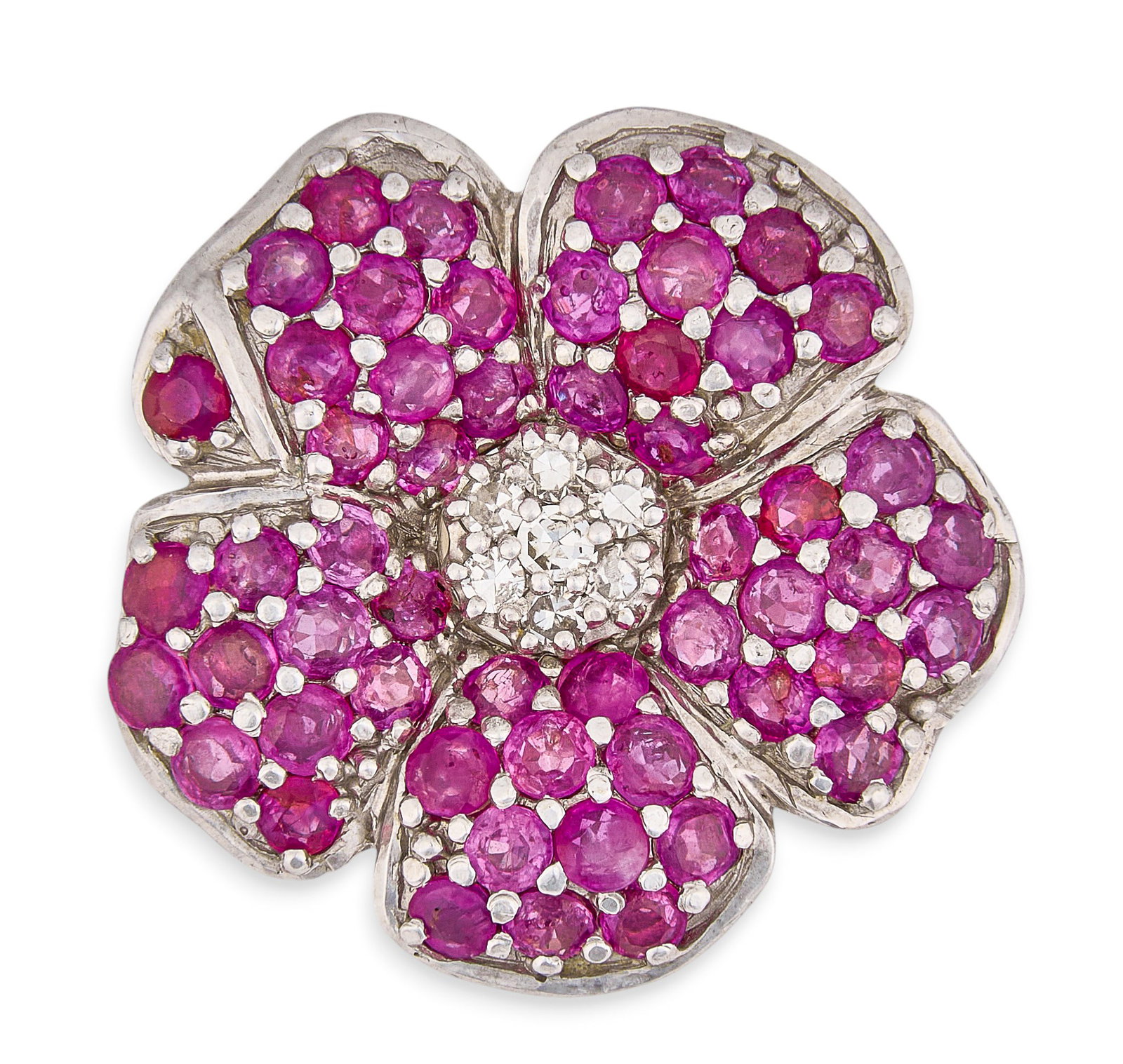 14K Ruby & Diamond Flower Ring: 14K white gold flower ring, set with round brilliant cut pave rubies and diamonds, approximately 3.78 ctw rubies and 0.35 ctw diamonds, marked "14K" Size: 4 Total weight: 12.8 g