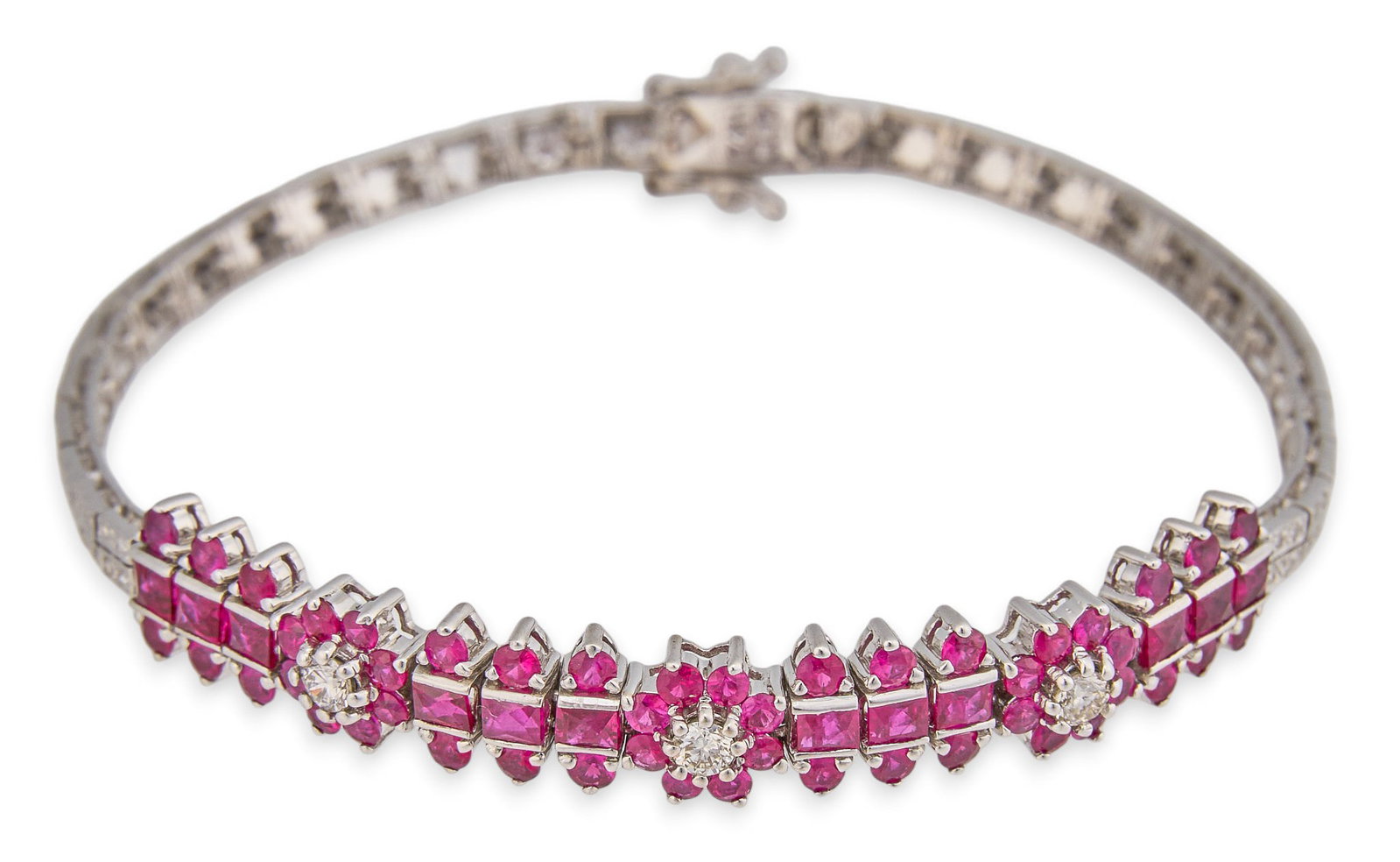 Vintage 14K Ruby and Diamond Tennis Bracelet: Vintage 14K white gold bracelet set with round and rectangular faceted rubies, accented by single cut and round brilliant cut diamonds, approximately 0.76 ctw, graded G–I color and