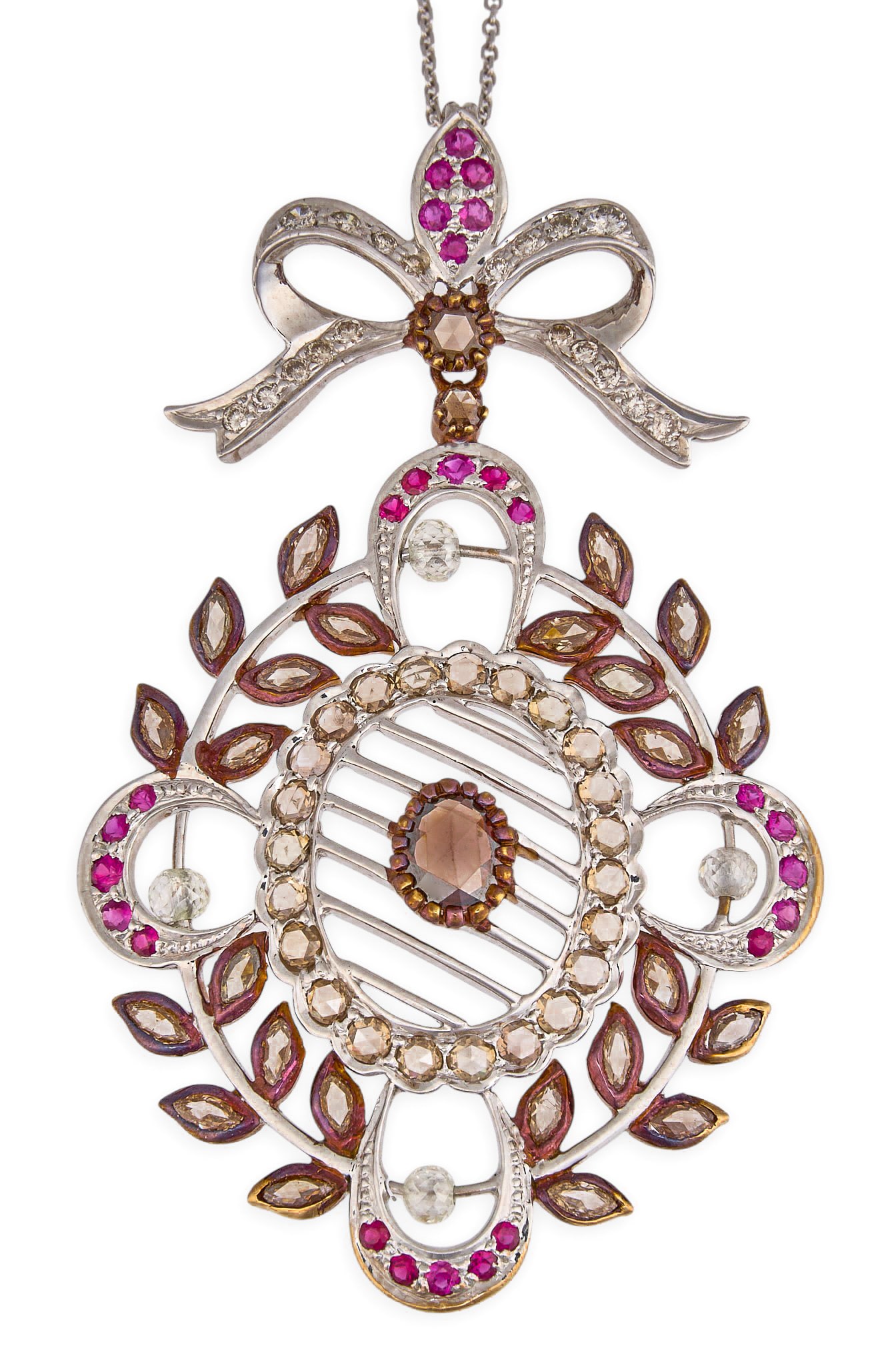 16K Gold Diamond and Ruby Pendant Necklace: 16K white gold diamond and ruby pendant with 14k white gold cable chain, set with approximately 5.18 ctw rose-cut, oval rose-cut, round brilliant-cut, marquise-cut, and faceted bead