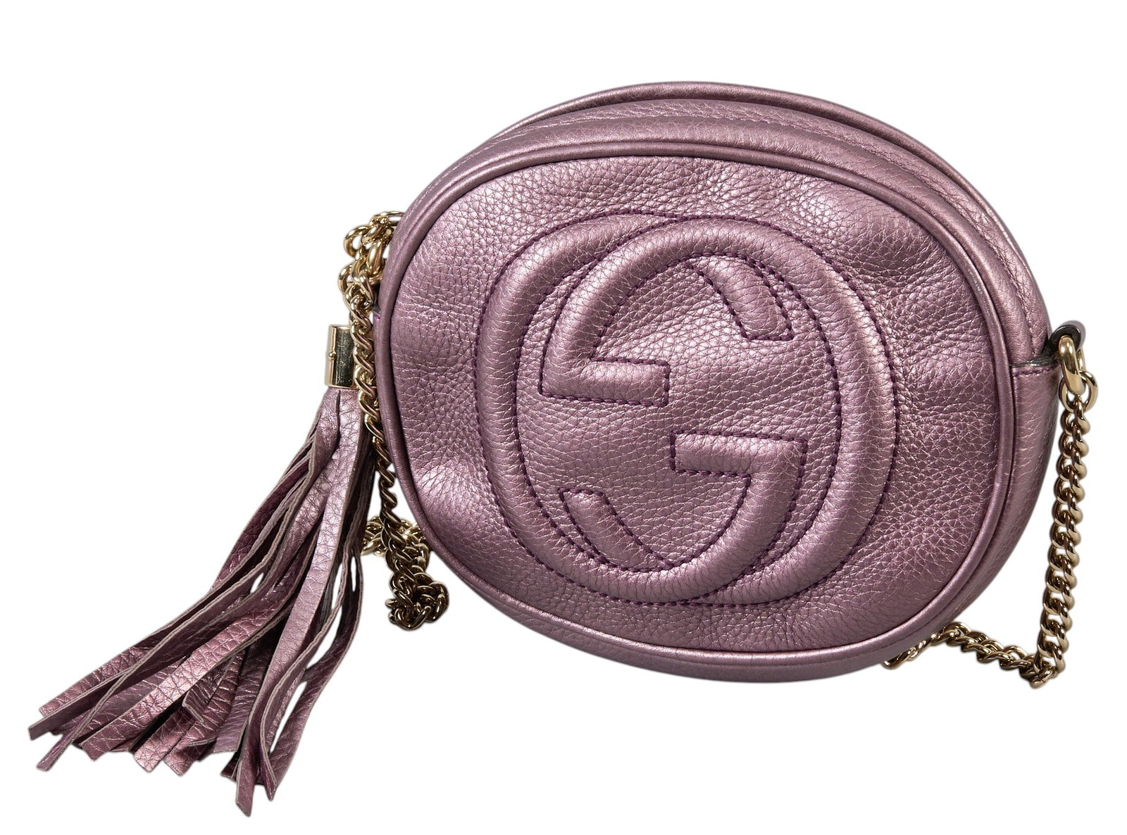 Gucci Soho Mini Chain Bag: Gucci Soho Mini Chain Bag in metallic purple leather with golden hardware, marked 353965 498879 E016810212, includes dustbag 7.25 in. x 6.5 in. x 2 in. Condition A - excellent condition,