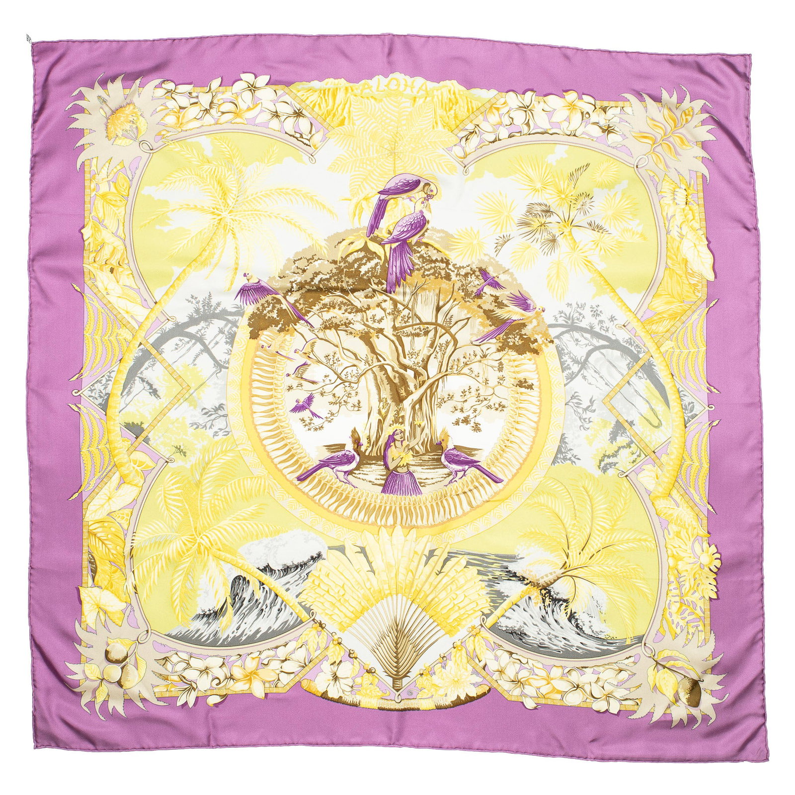 Hermès Aloha Silk Scarf: Hermès "Aloha" silk scarf, designed by Laurence Bourthoumieux Square: 35.5 in. Condition AA; perfect condition, has barely been used