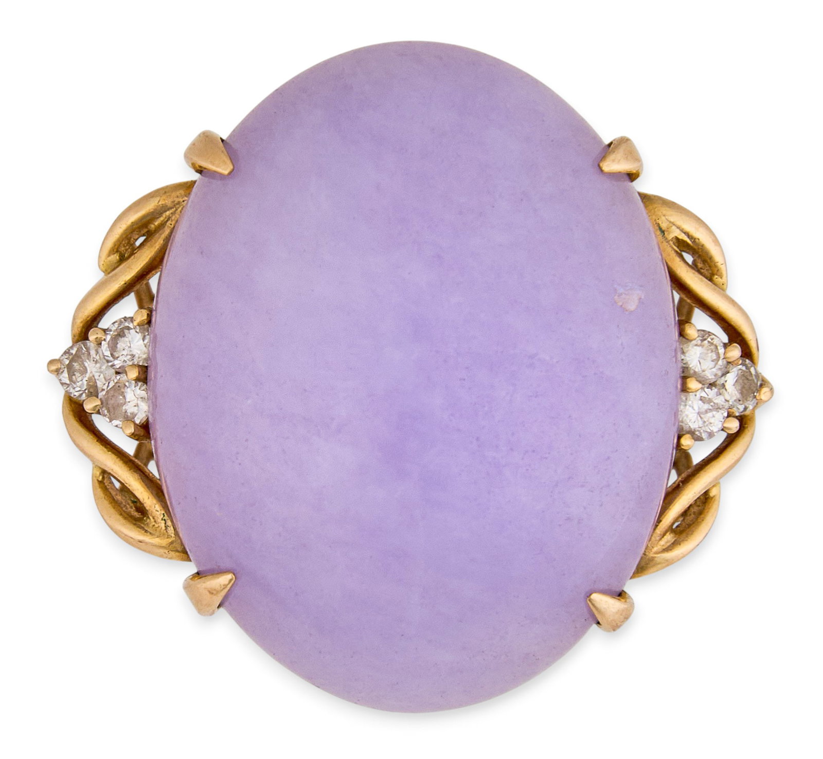 14K Lavender Jade & Diamond Ring: 14K yellow gold cocktail ring set with lavender jade cabochon center stone measuring approximately 20.2 mm x 16 mm, flanked by six round brilliant cut diamonds, approximately 0.5 ctw,