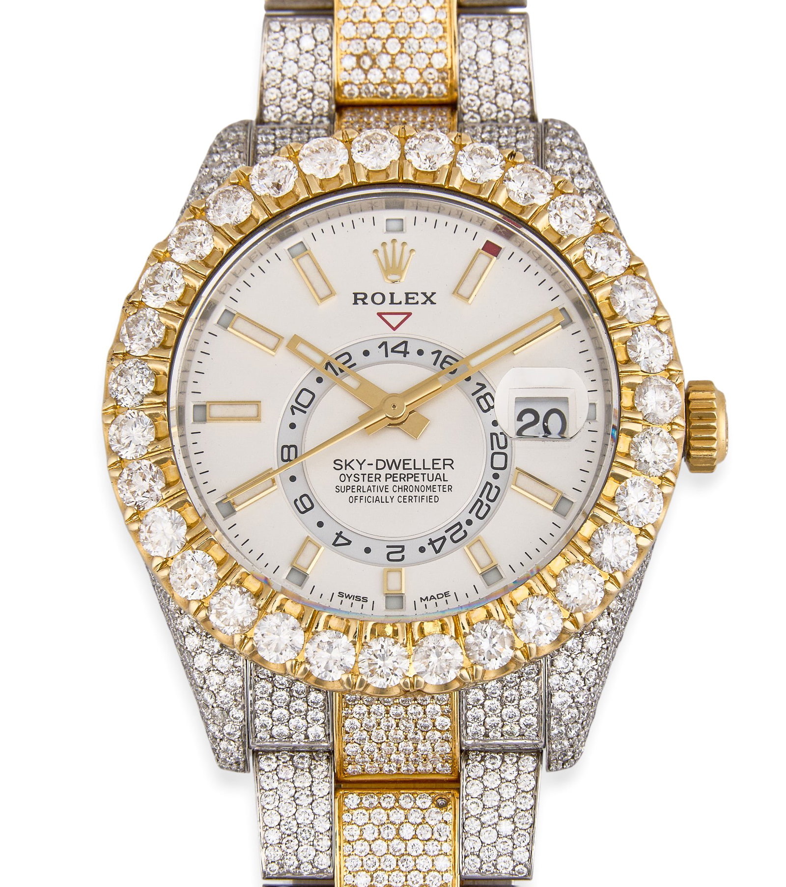 Rolex Sky-Dweller 42mm Two-Tone Diamond Set: Rolex Sky-Dweller 18K yellow gold and stainless steel, encrypted production date, model number 326933, serial number DF793463, 42mm case, white dial with diamond set bezel, case, and Oyster bracelet, 